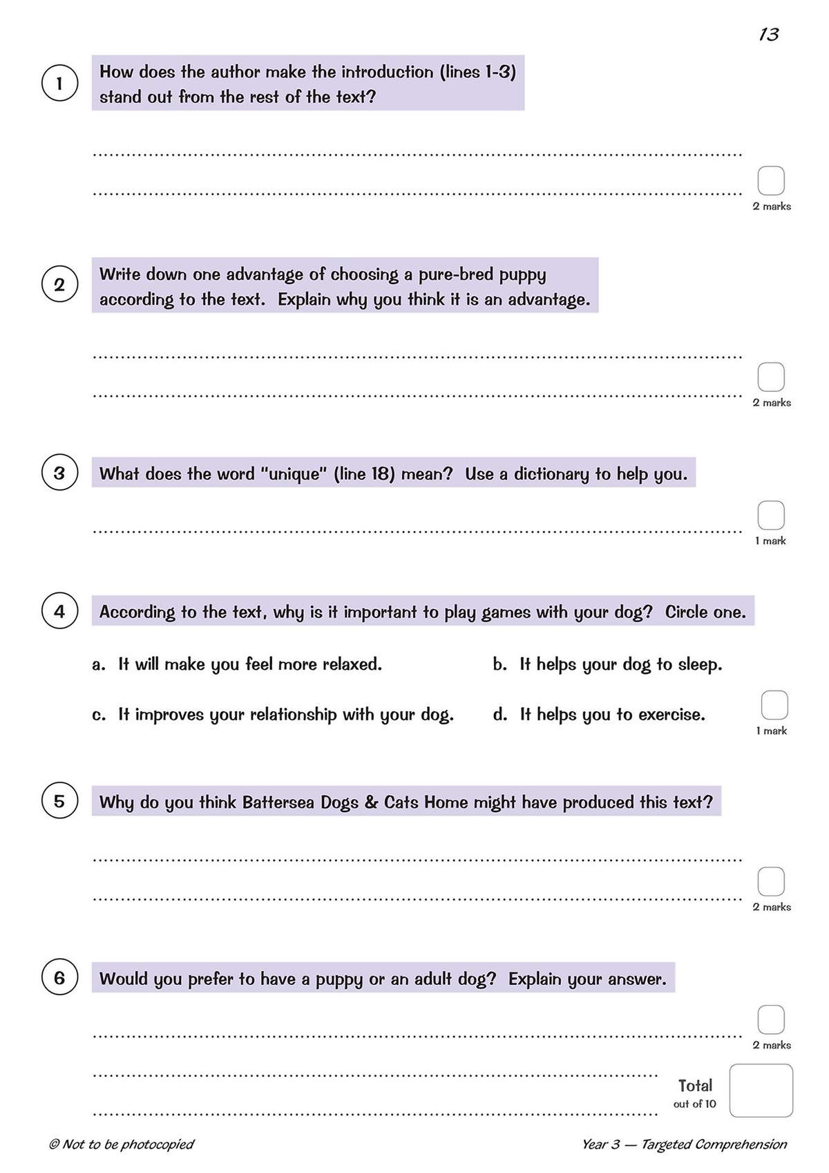 Six questions on reading comprehension, including short answers and multiple choice, to test understanding of a text