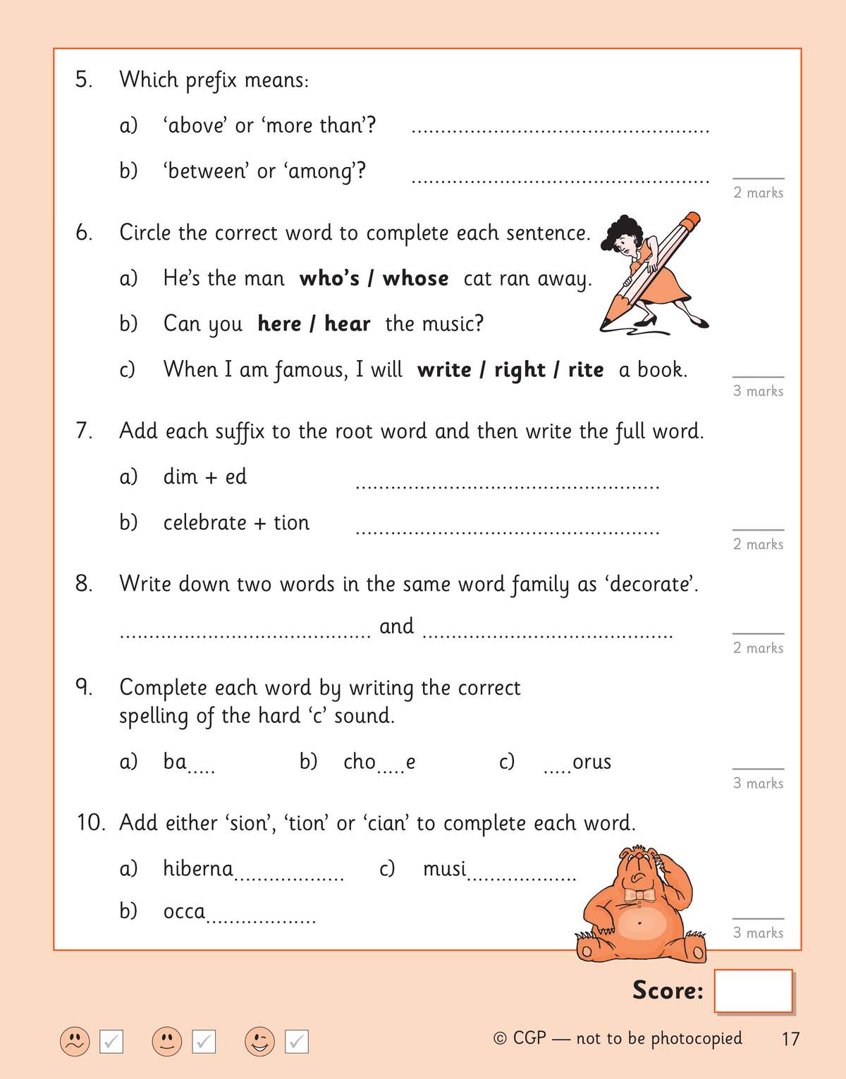 Children answer six questions on prefixes, suffixes and spelling, with dotted lines to write answers and a score box at