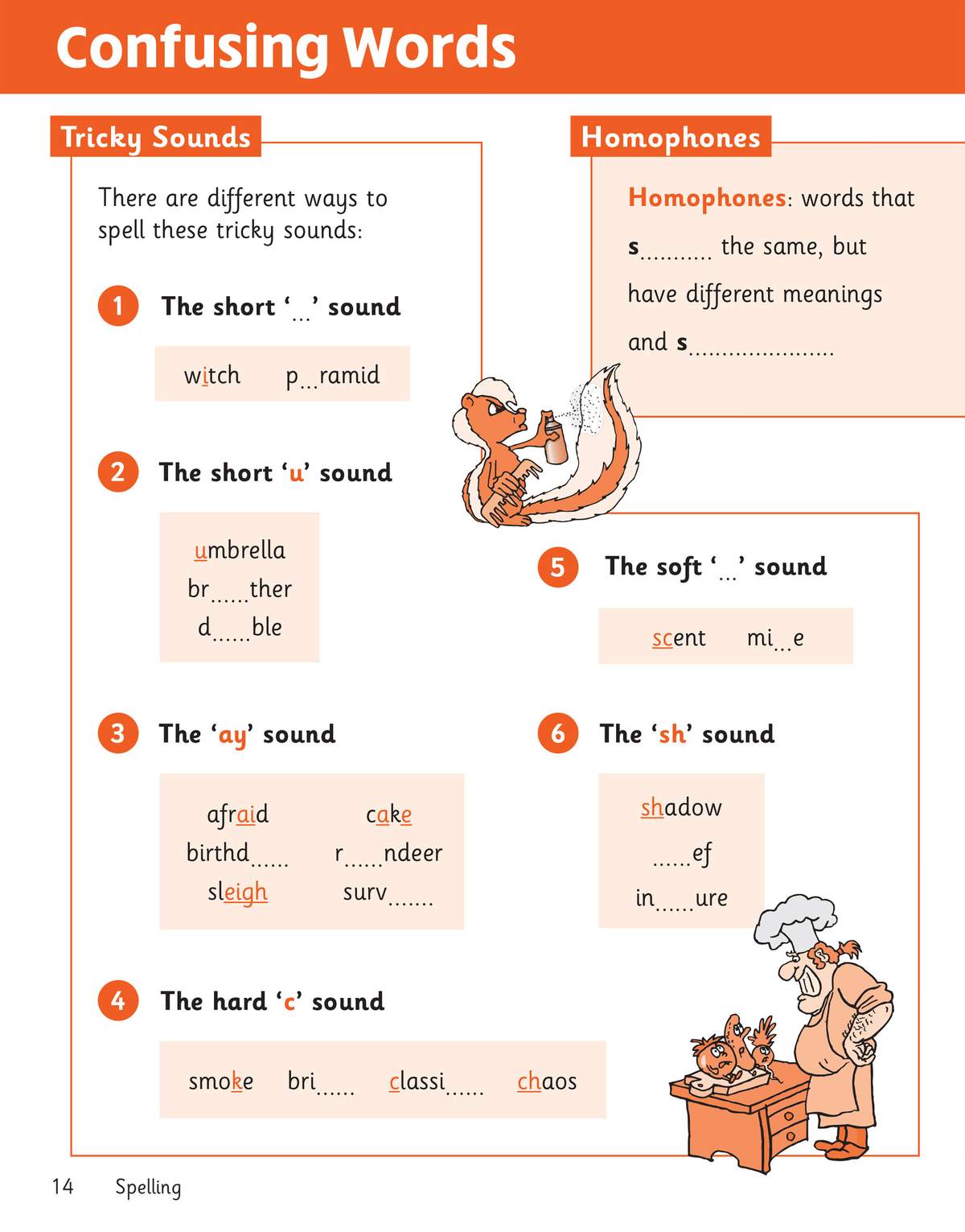 Children fill in missing letters for words with tricky sounds and complete a definition of homophones