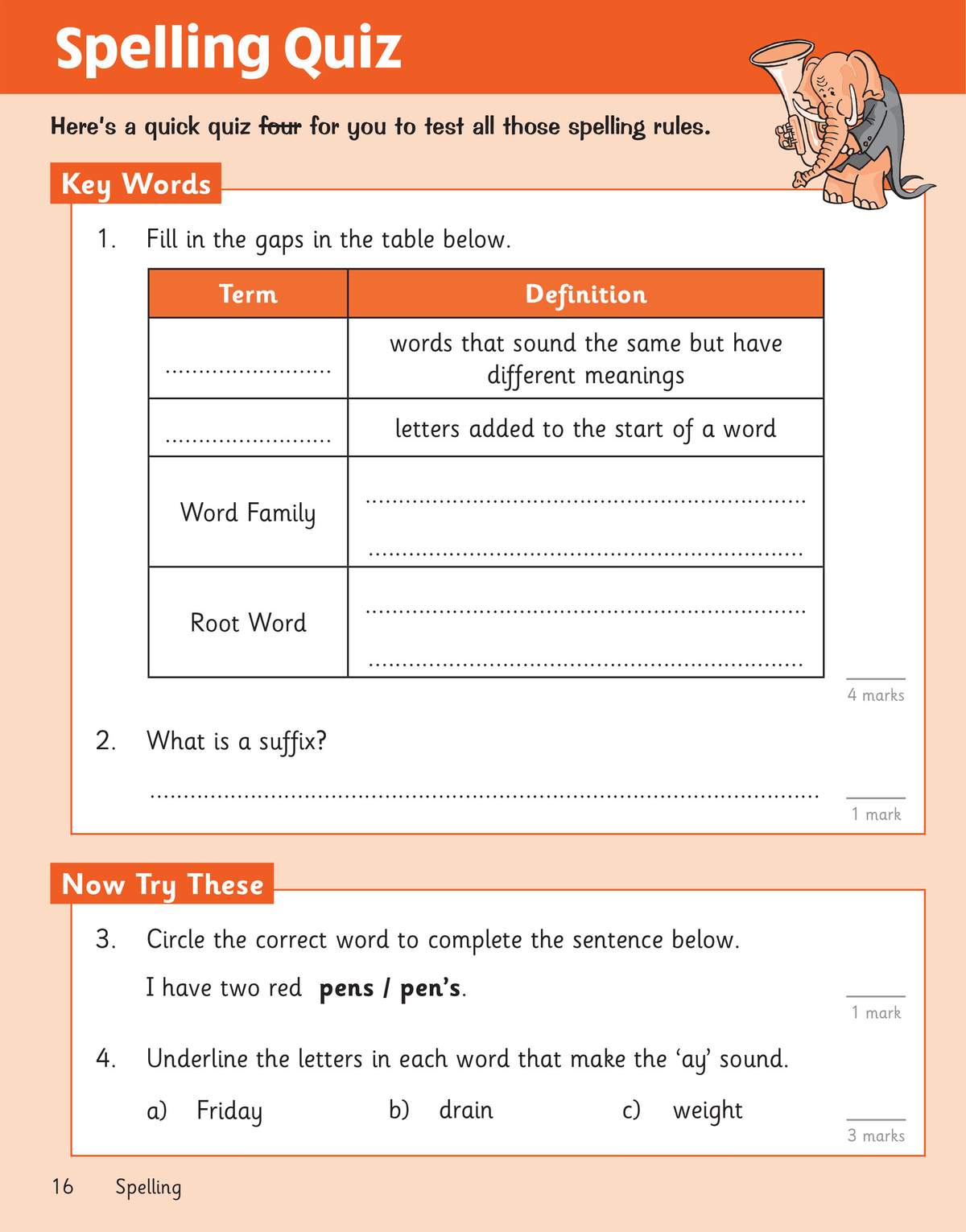 A spelling quiz where children fill in definitions, circle the correct word