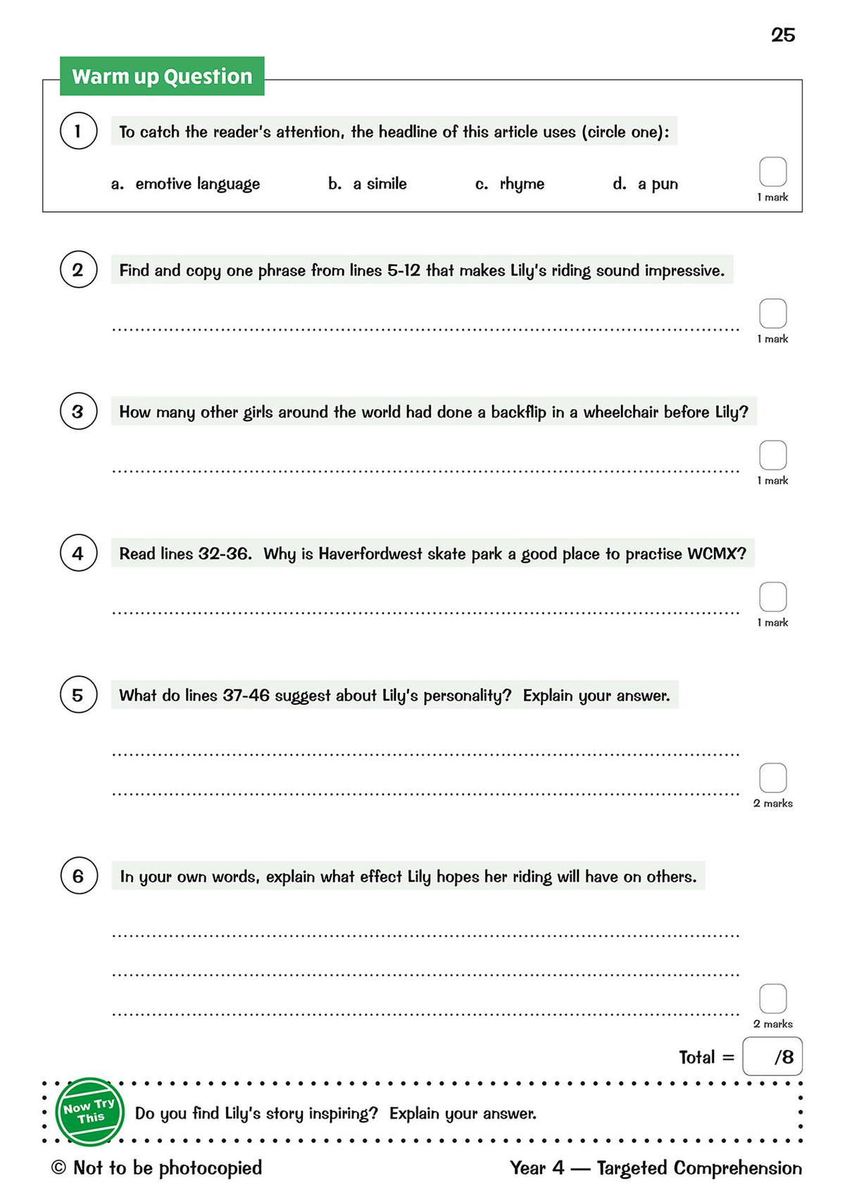 Six questions on a reading passage about a girl named Lily, including multiple choice and short answer tasks