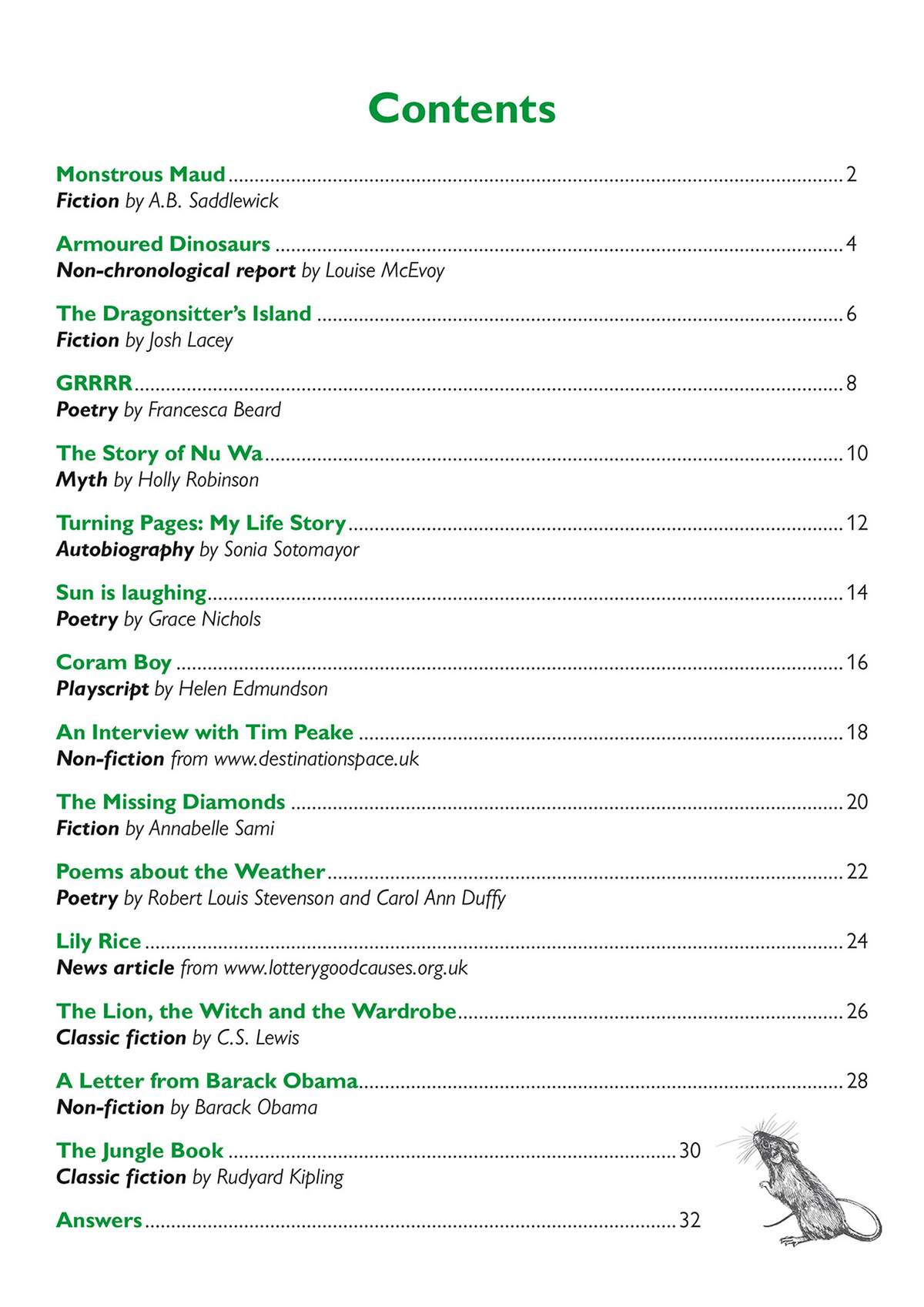 A contents page listing reading passages, poems and non-fiction articles with page numbers and a small rat illustration