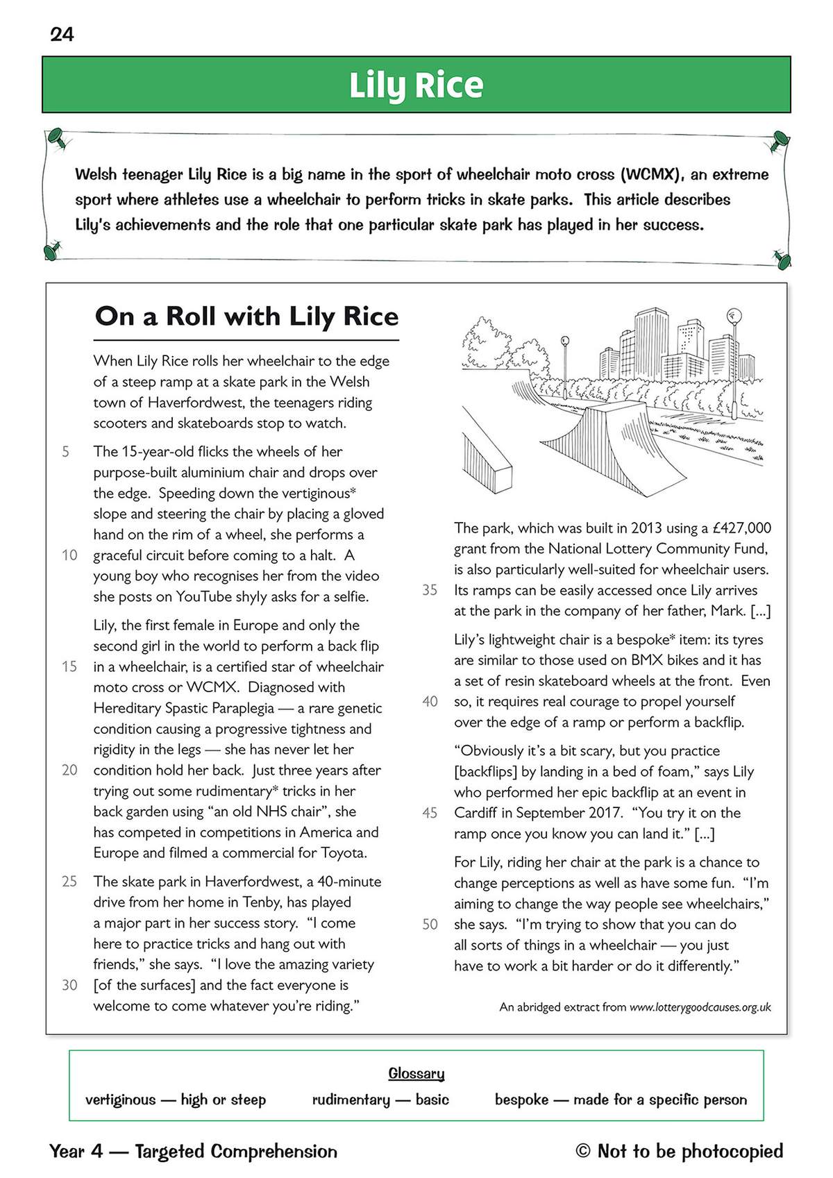 A reading passage about wheelchair athlete Lily Rice, accompanied by a line drawing of a skate park ramp