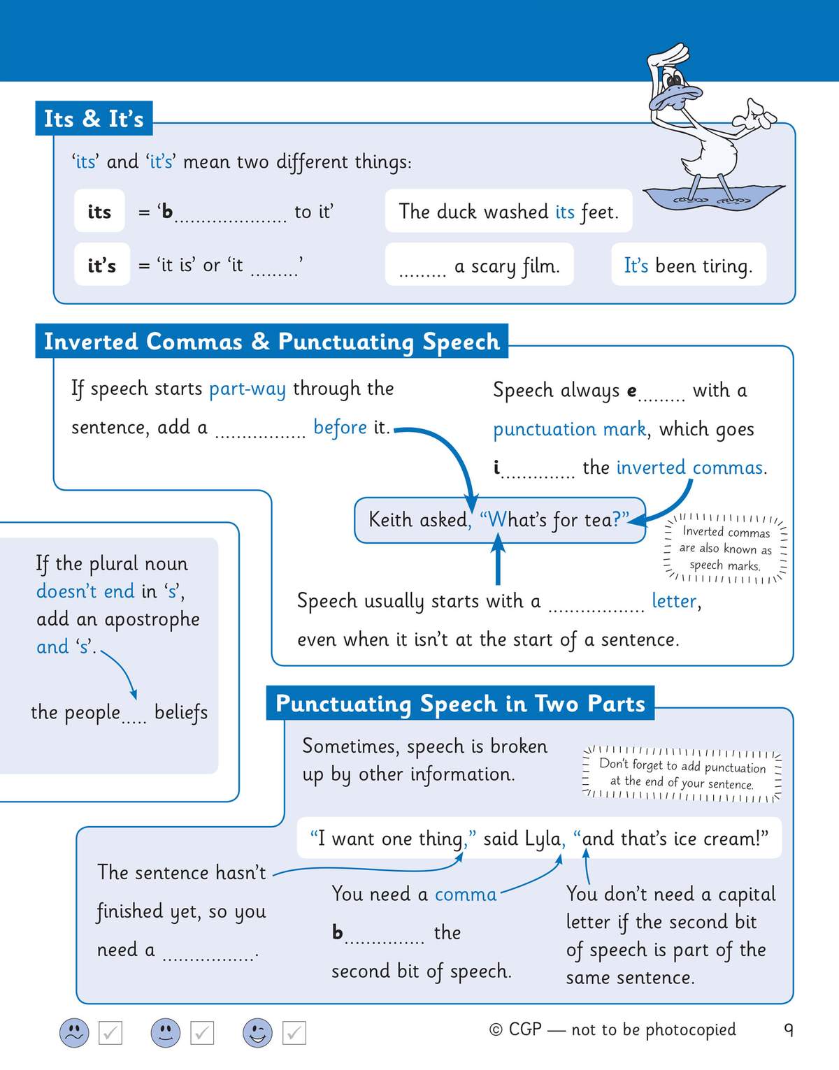 Clear rules on using 'its' and 'it's' with fill-in-the-blank practice and a cartoon duck to make it memorable