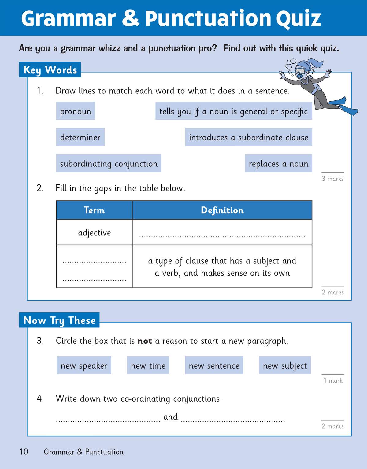 A quiz on grammar terms where children match definitions, fill in a table, circle the wrong reason for a new paragraph