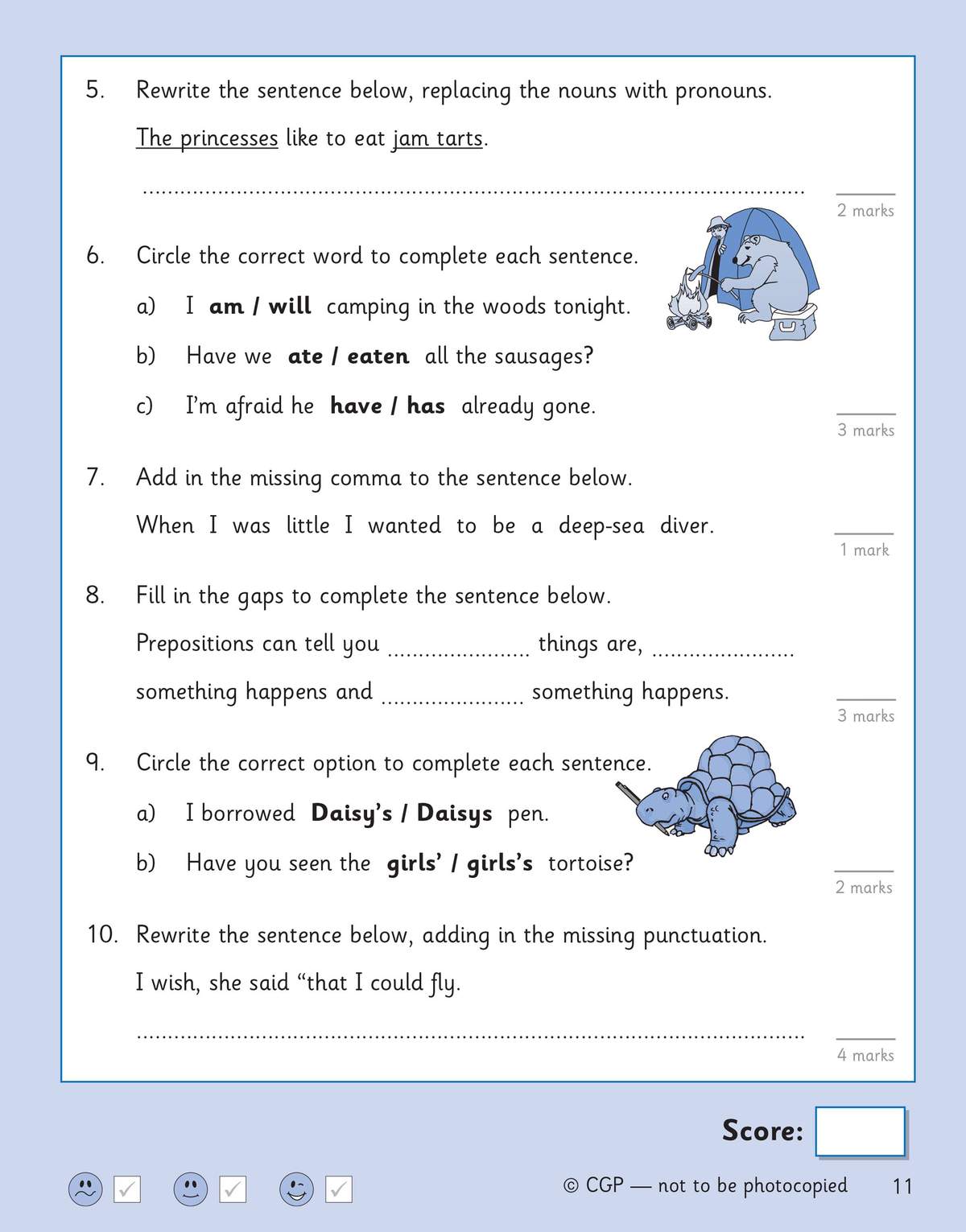 Children rewrite sentences, circle correct words, add commas and fill gaps to practise Year 5 grammar rules