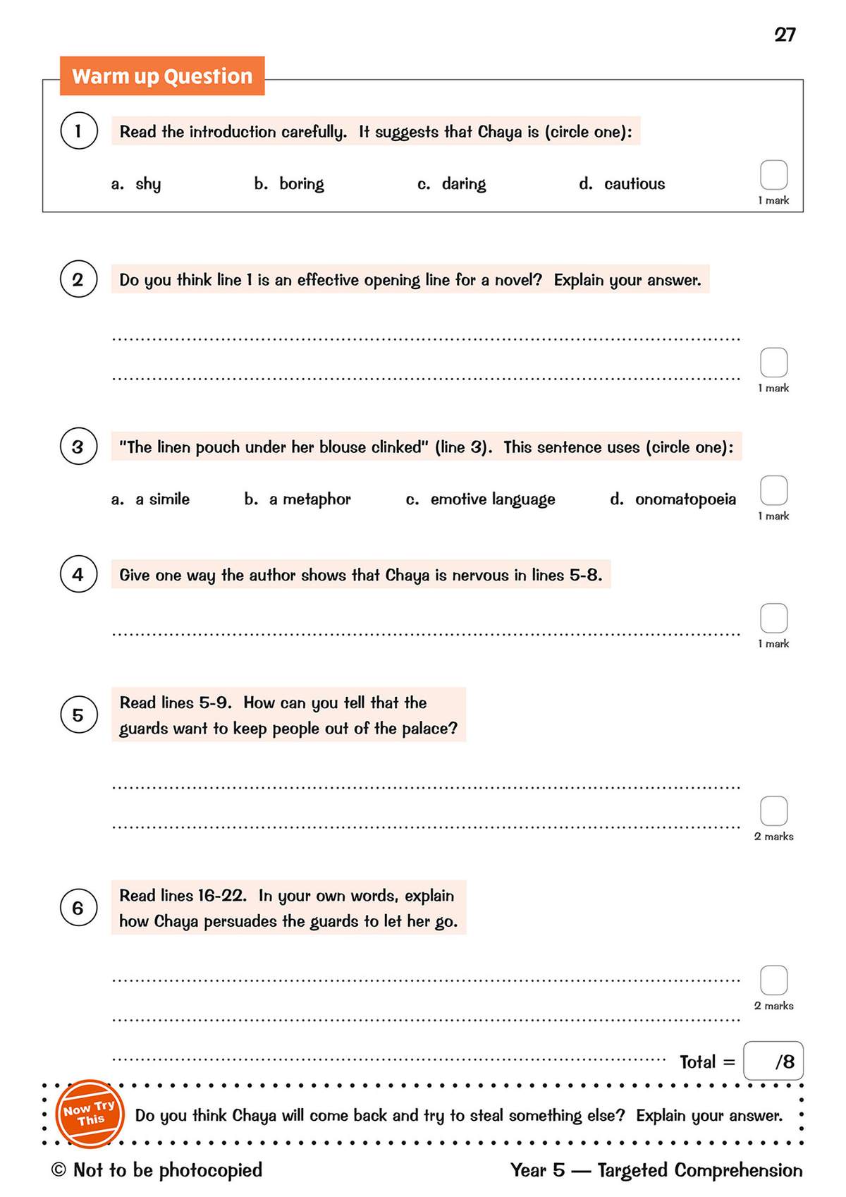Six questions test character analysis and literary devices, requiring short written answers and multiple-choice selections