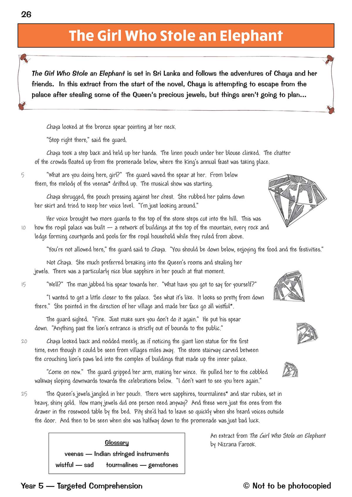 A story extract about a girl escaping a palace, with a glossary of words like 'veenas' and 'tourmalines' at the bottom