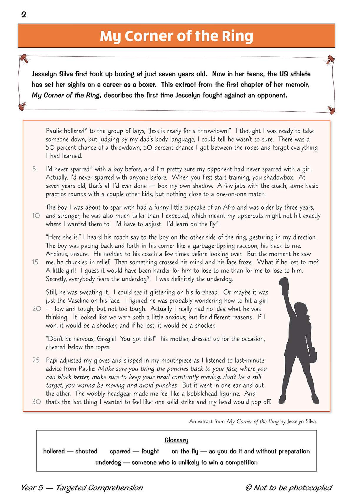 An extract from Jesselyn Silva's memoir about her first boxing match, accompanied by a silhouette illustration and a glossary