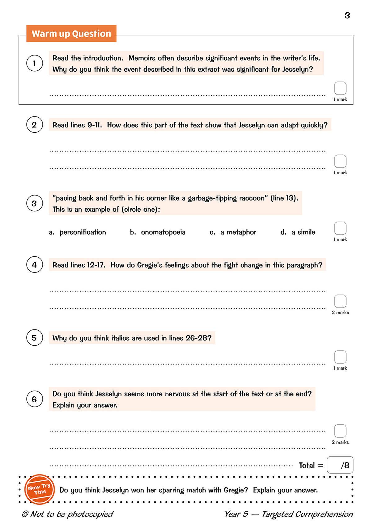 Six questions on a text extract about Jesselyn, including short answers and a multiple choice item on literary devices