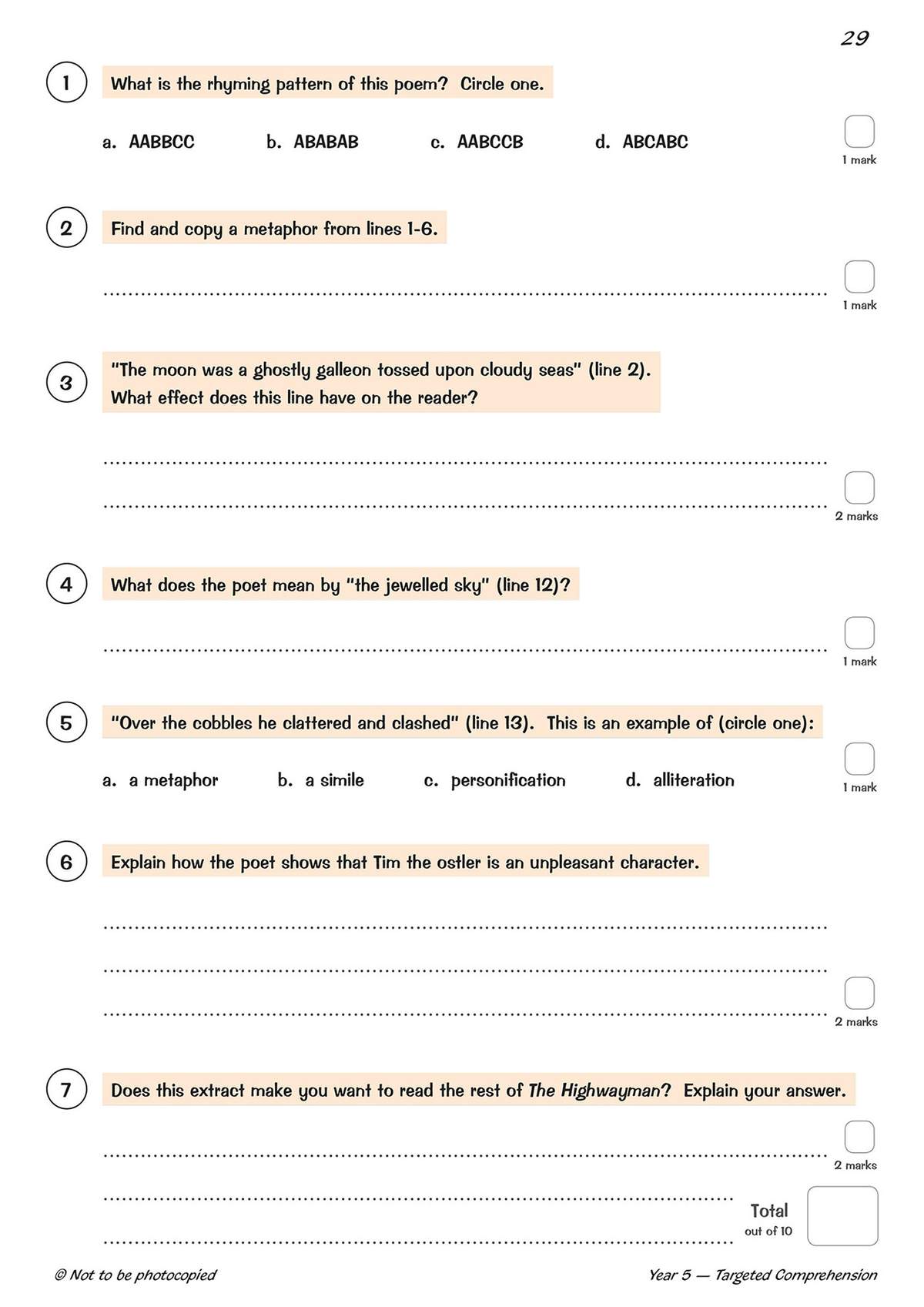 Seven questions on a poem extract, including multiple choice, copying, and short written answers to test understanding