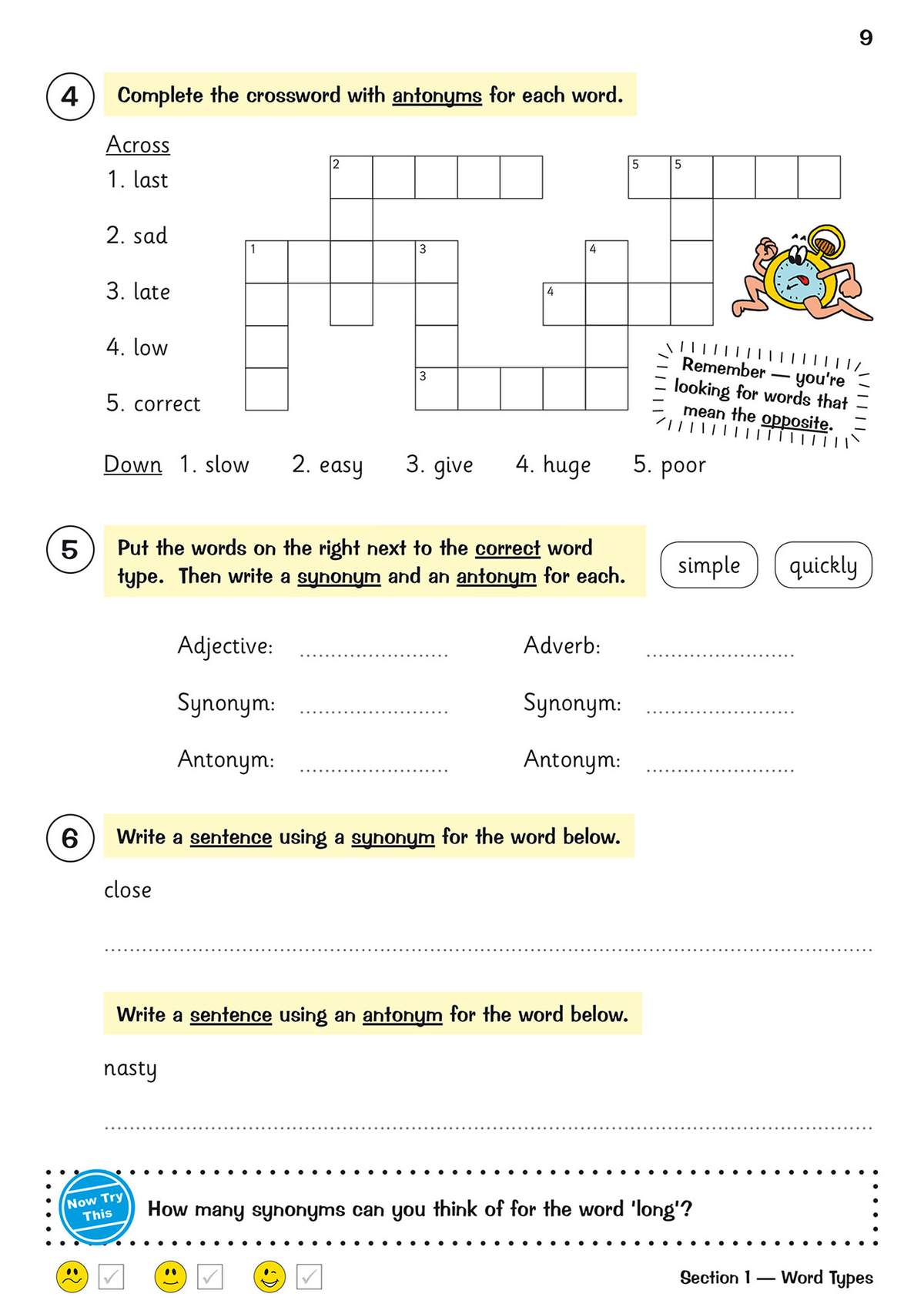 Children complete a crossword with antonyms, match words to types, and write sentences using synonyms and antonyms