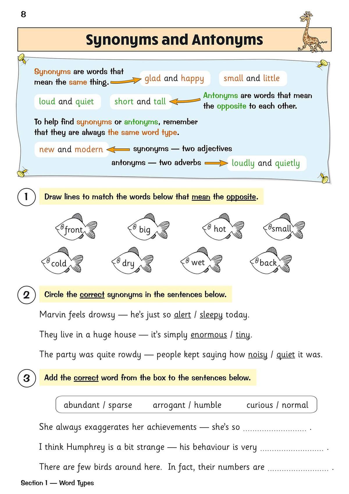 A page teaching synonyms and antonyms, with matching fish, sentences to circle, and gaps to fill in