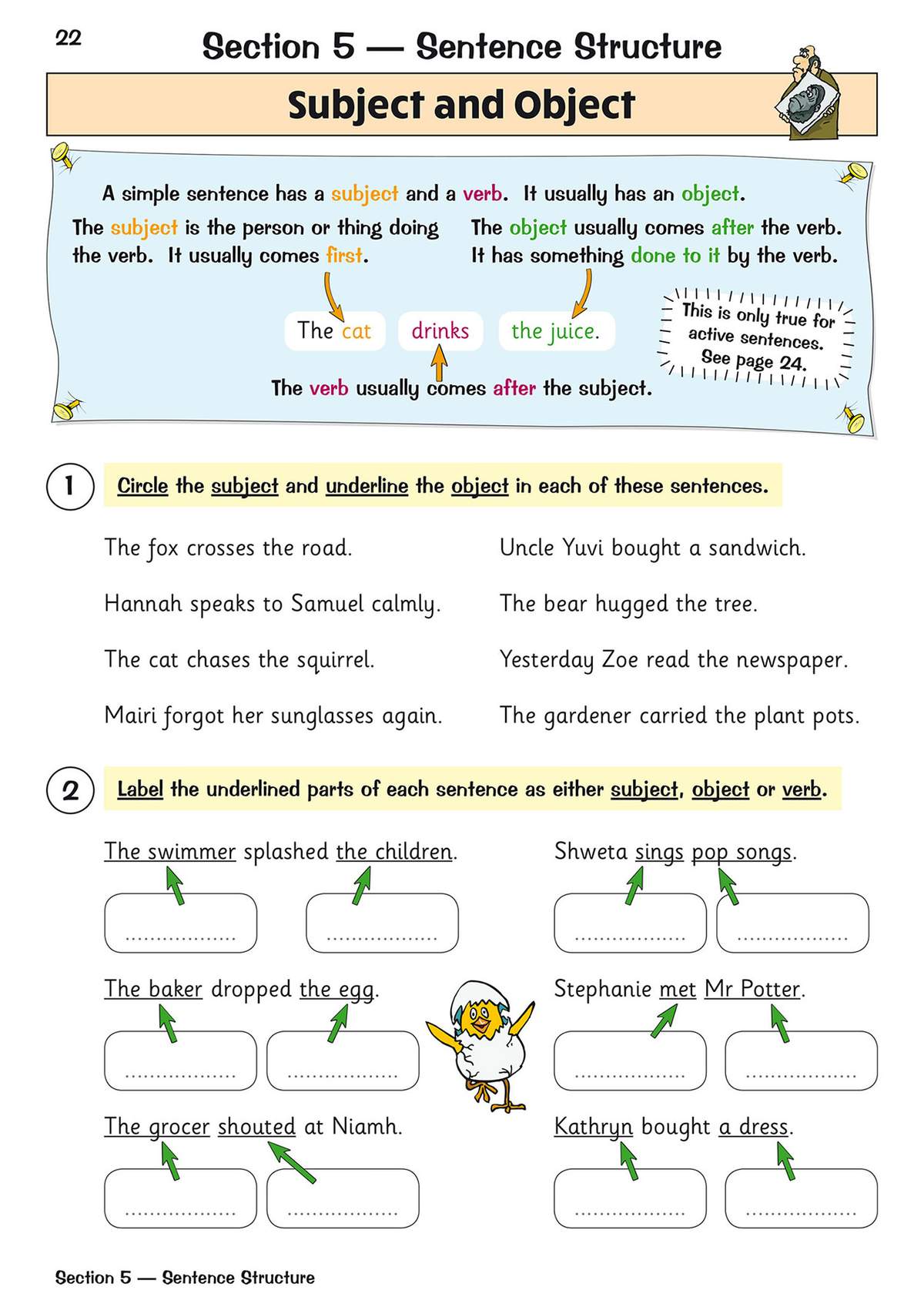 Children circle subjects and underline objects in sentences, then label underlined parts as subject, verb or object