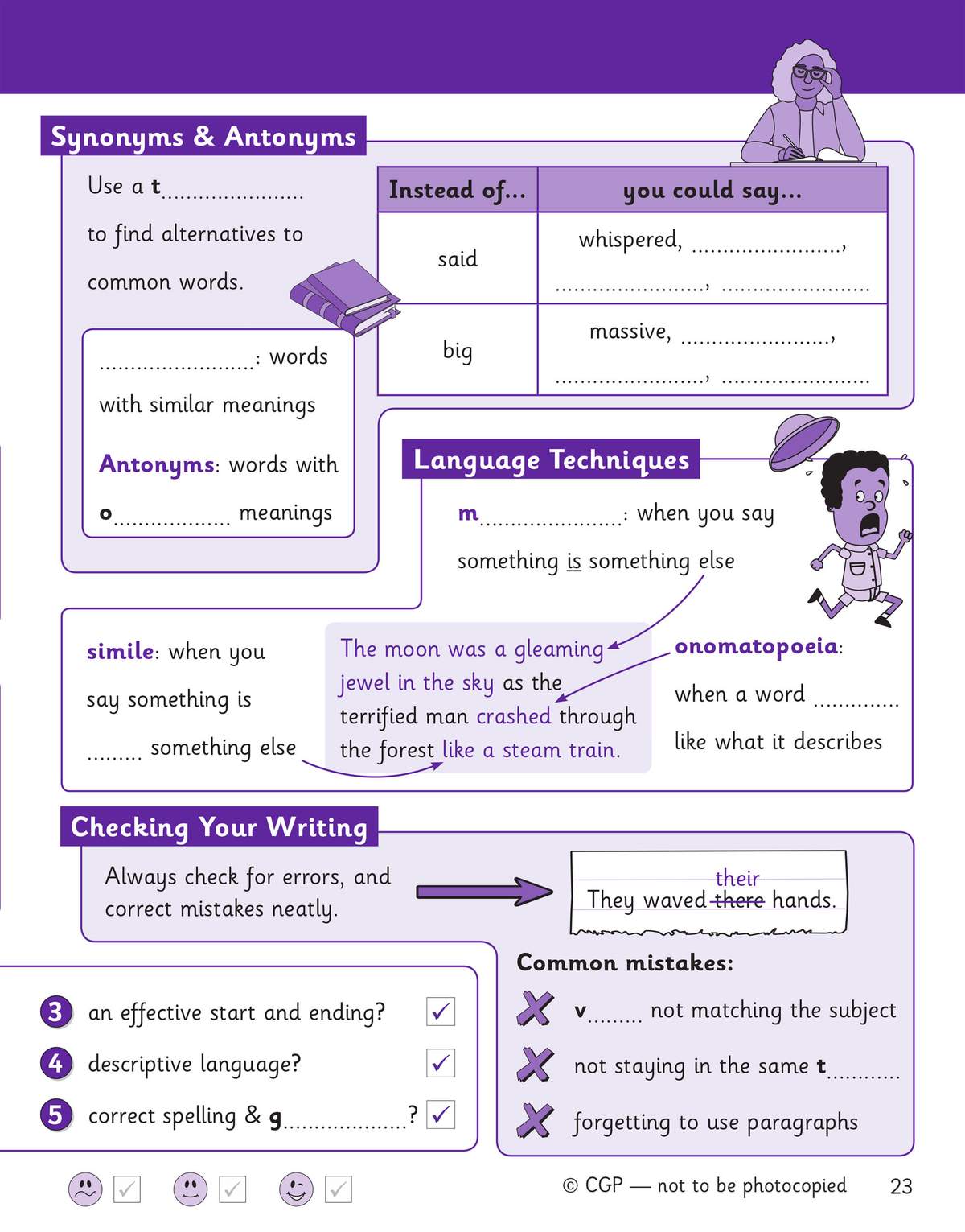 A revision page teaching synonyms, antonyms and language techniques with fill-in-the-blanks and a checklist for writing