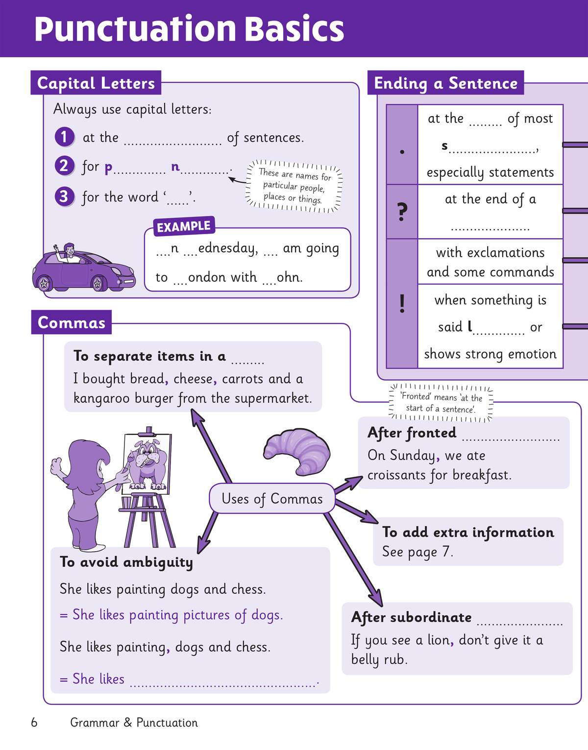 A page teaching capital letters, commas and full stops with fill-in-the-blank exercises and cartoon illustrations