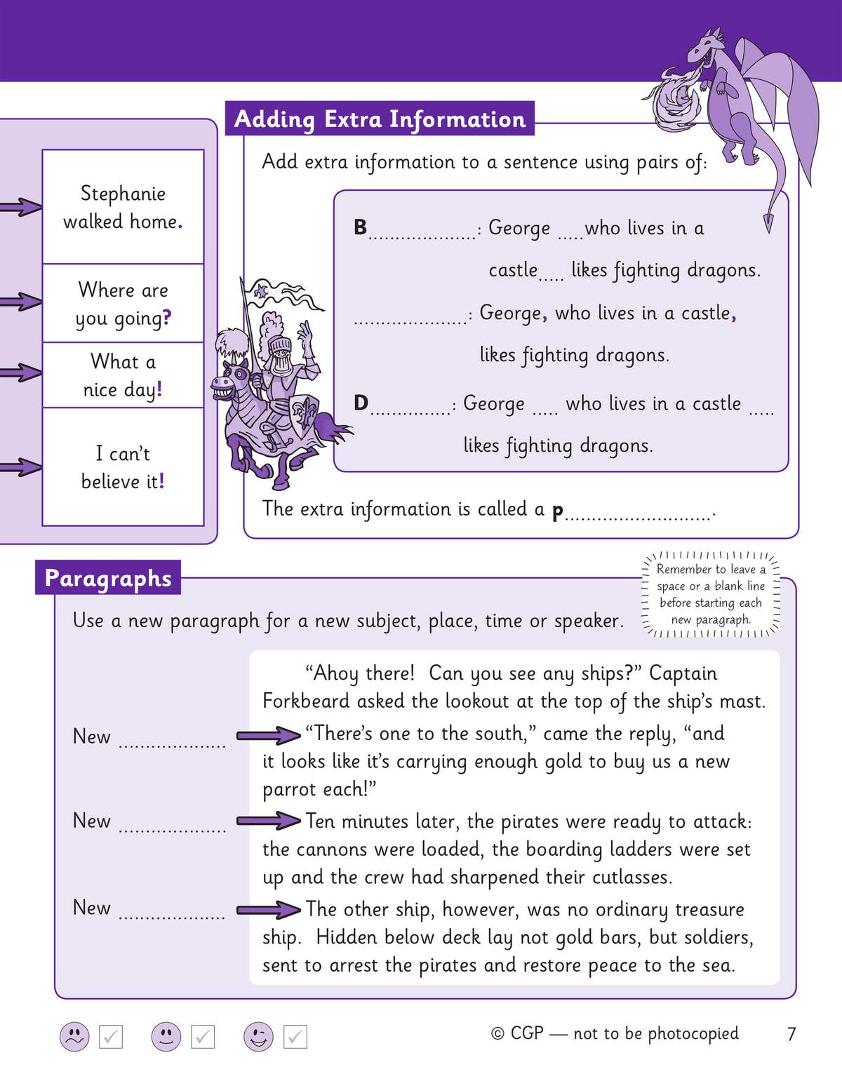 Children complete sentences with missing words and then write a new paragraph from a pirate story