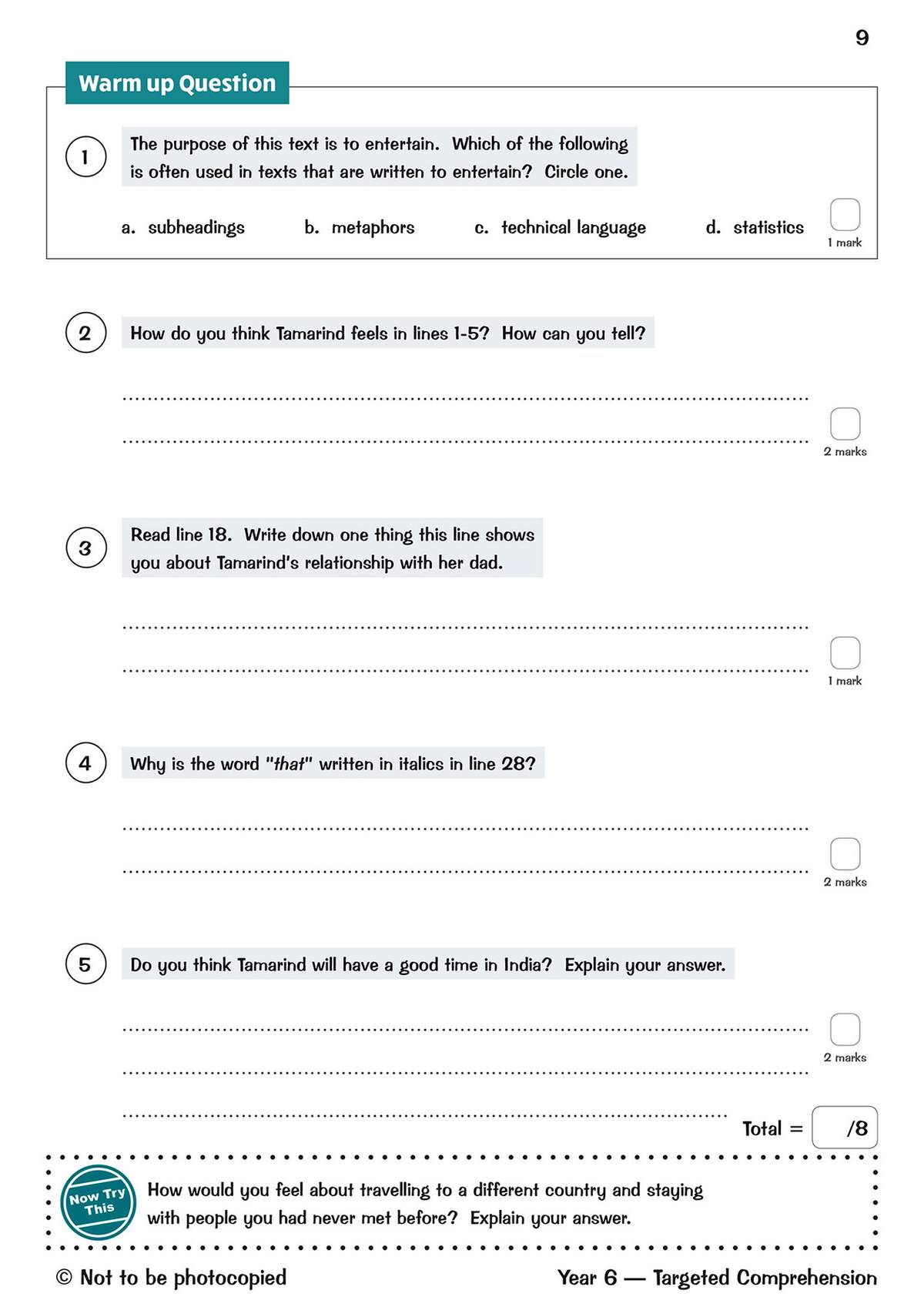 Five questions on a reading passage about Tamarind, including multiple choice and short written answers to build
