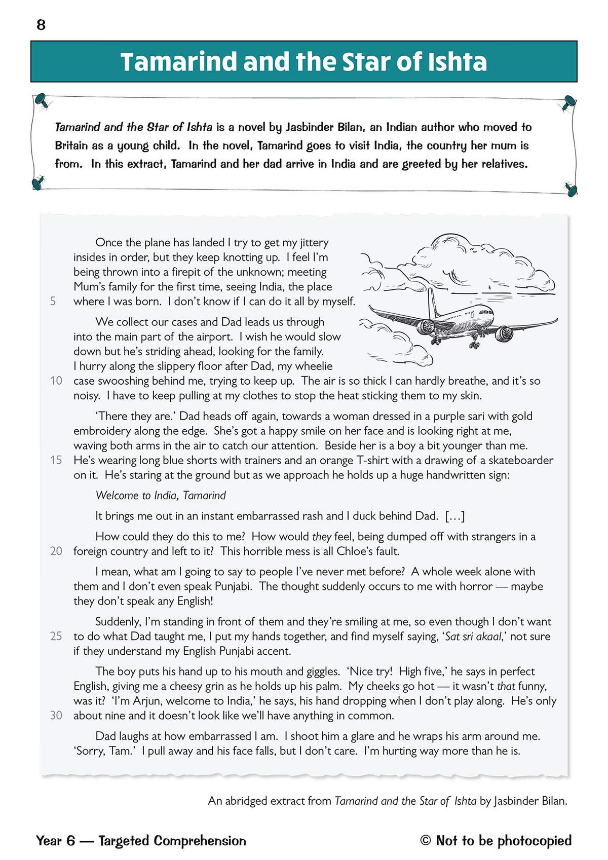 An extract from a novel about a girl arriving in India, accompanied by a line drawing of an airplane