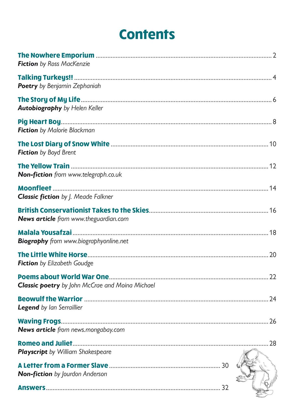 A contents page listing reading passages, poems and playscripts with page numbers and a small cartoon drawing