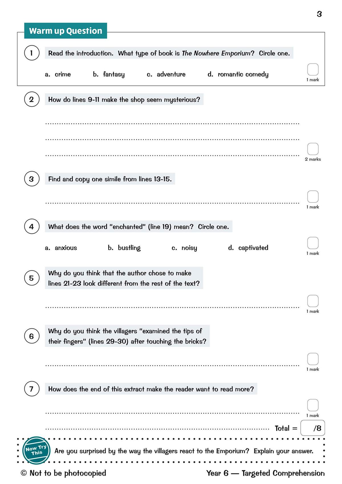 Seven questions test understanding of a text extract, including multiple choice, vocabulary, and short written answers