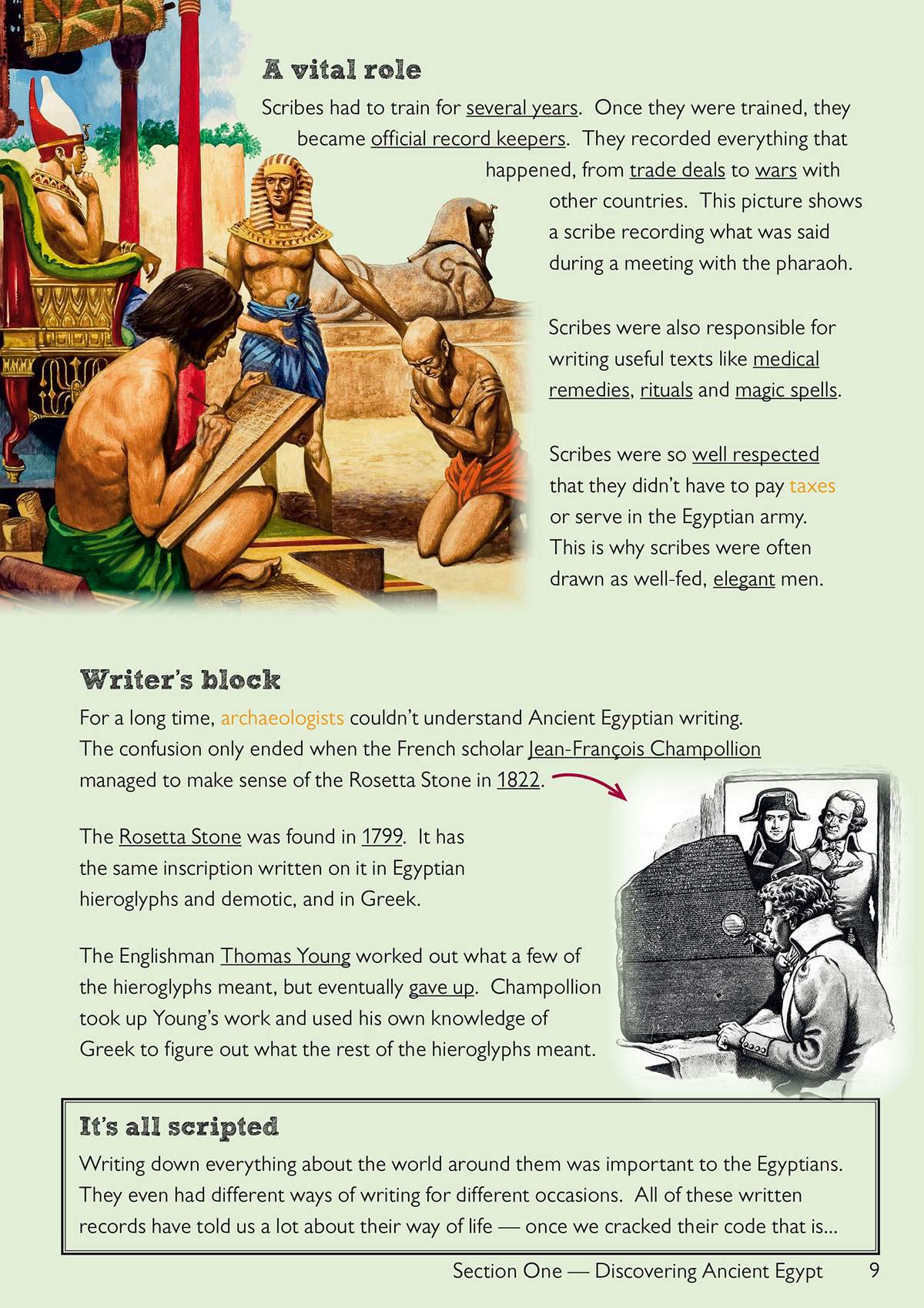 This page explains the important role of scribes in Ancient Egypt, using text and illustrations to help children understand