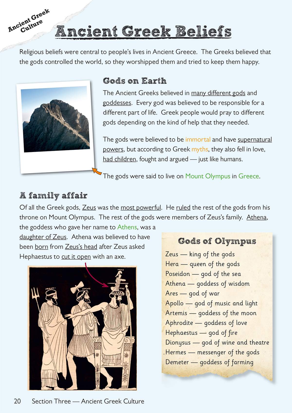 A text explaining Ancient Greek beliefs about gods, featuring a photo of Mount Olympus and a diagram of the Olympian family