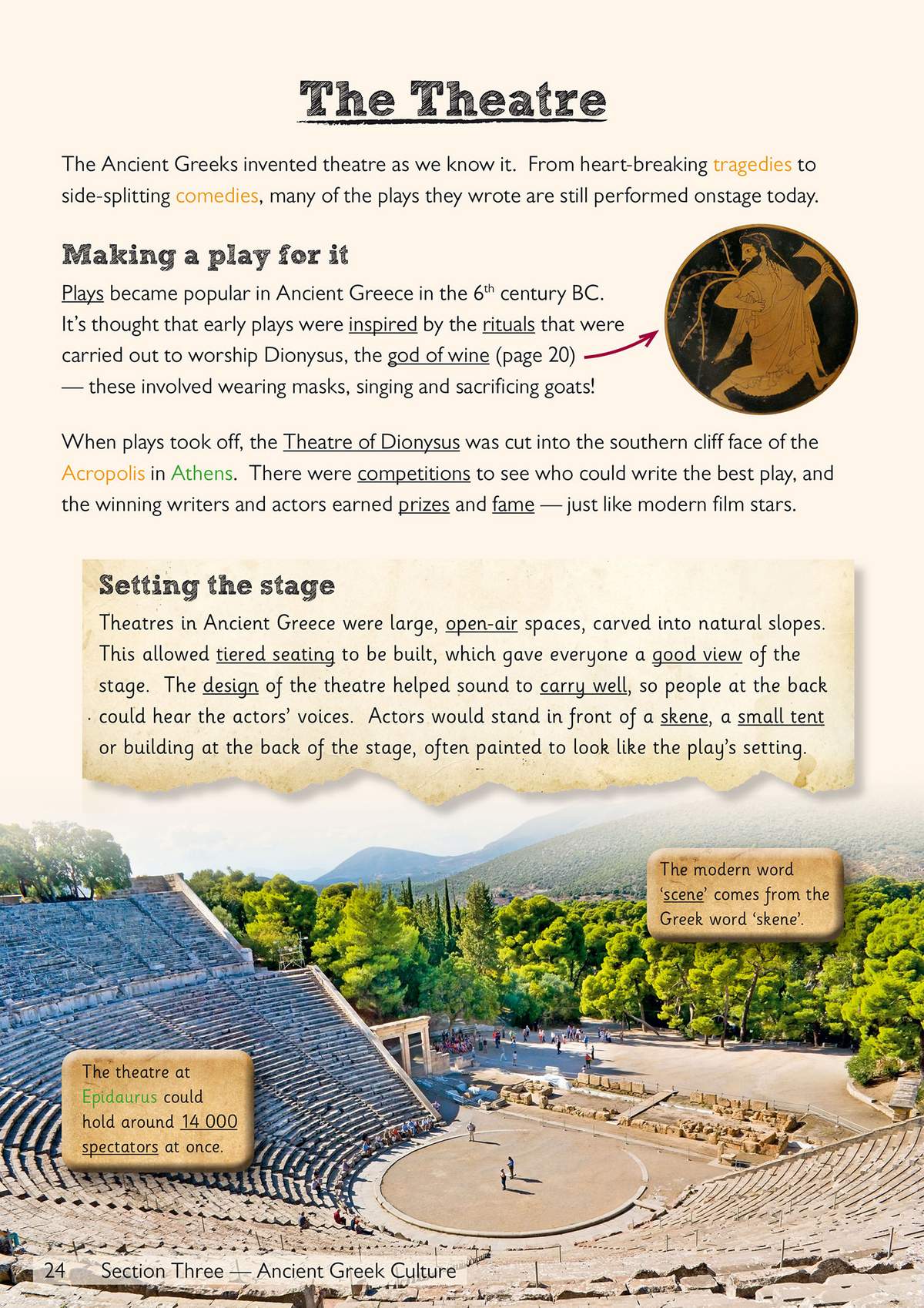 A text explains how Ancient Greek theatre developed, supported by a photo of the Epidaurus theatre and a diagram of a vase