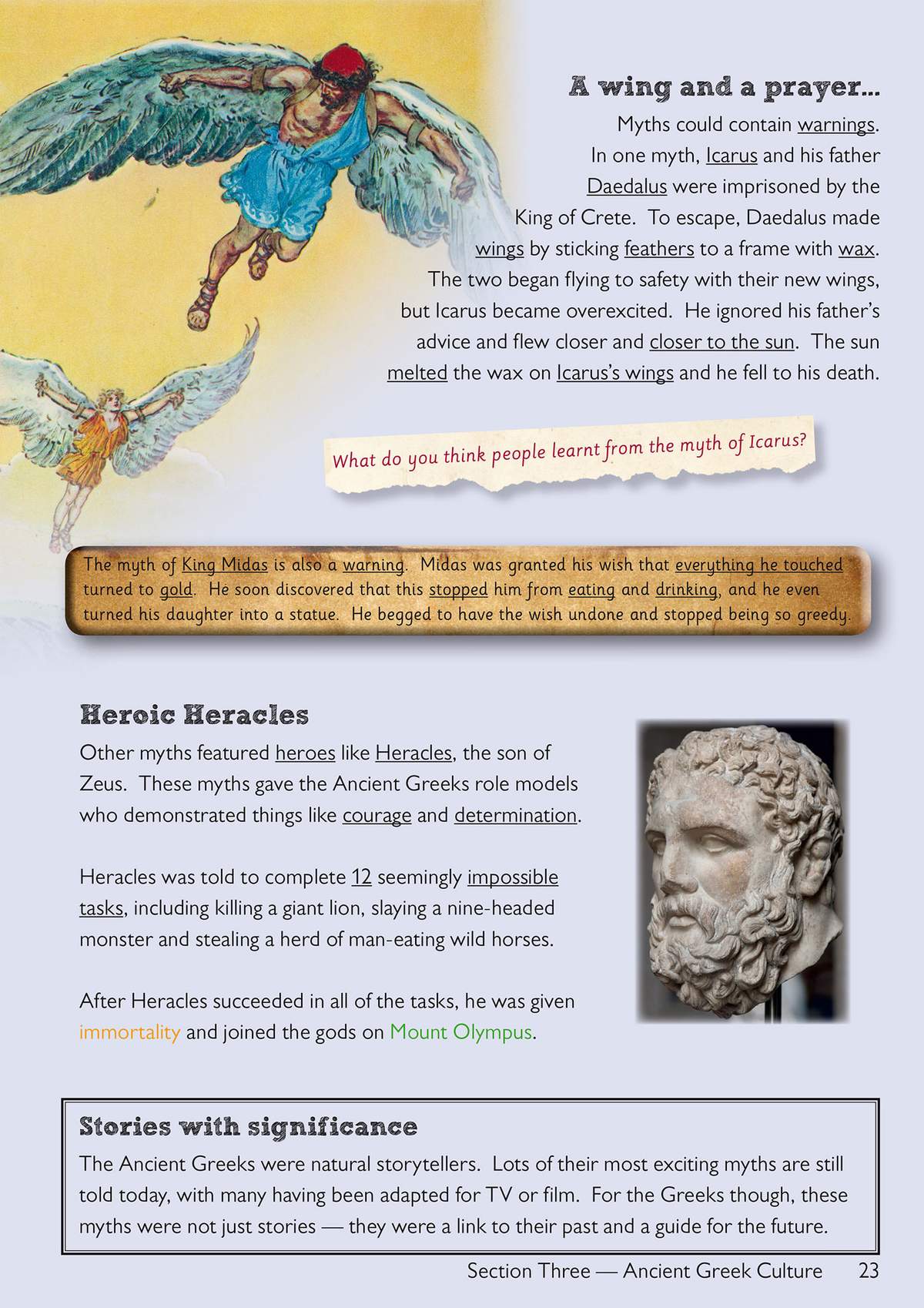 Text explains the myths of Icarus and Heracles, with a question to discuss what people learnt from the stories