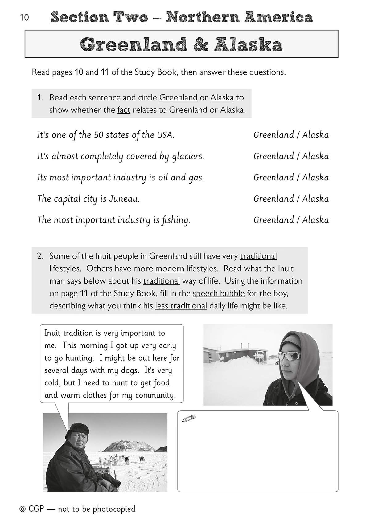 Children circle the correct place for facts about Greenland and Alaska, then write a short paragraph about a modern Inuit