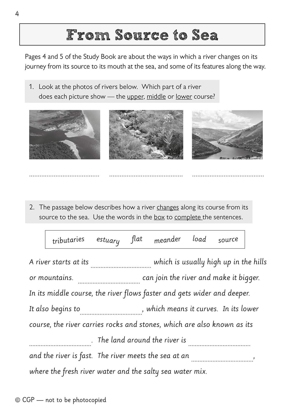 Children identify river courses from photos and fill in a text about river features using a word box