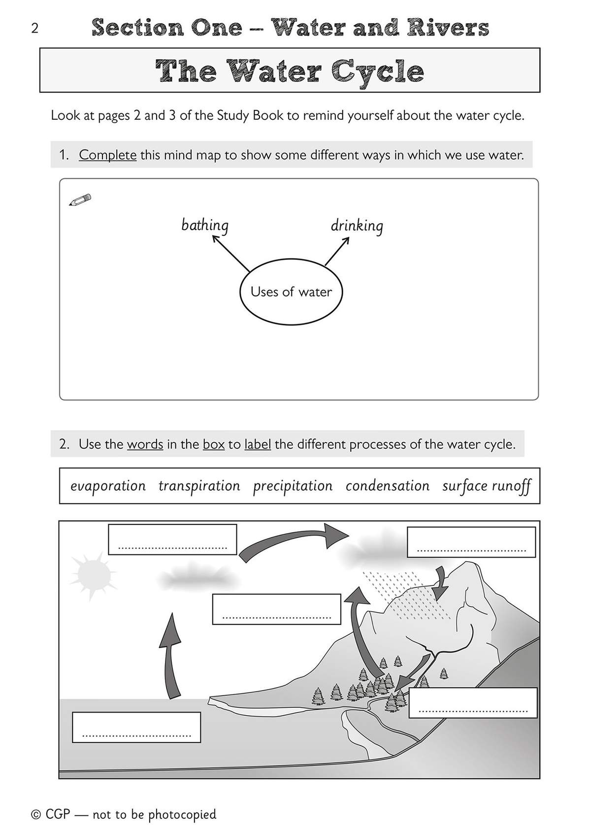 Children complete a mind map about water uses and label a diagram of the water cycle using a word bank
