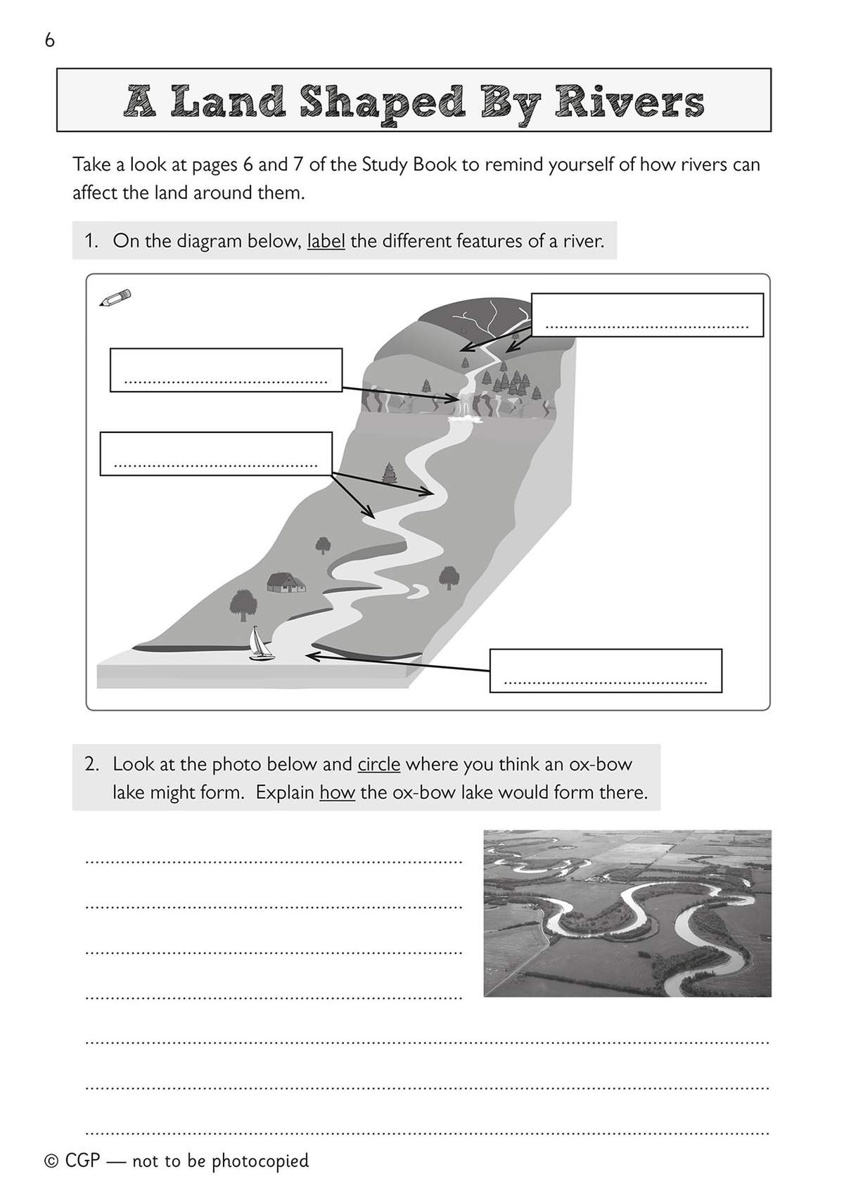 Children label a river diagram, circle an ox-bow lake on a photo, and explain how it forms