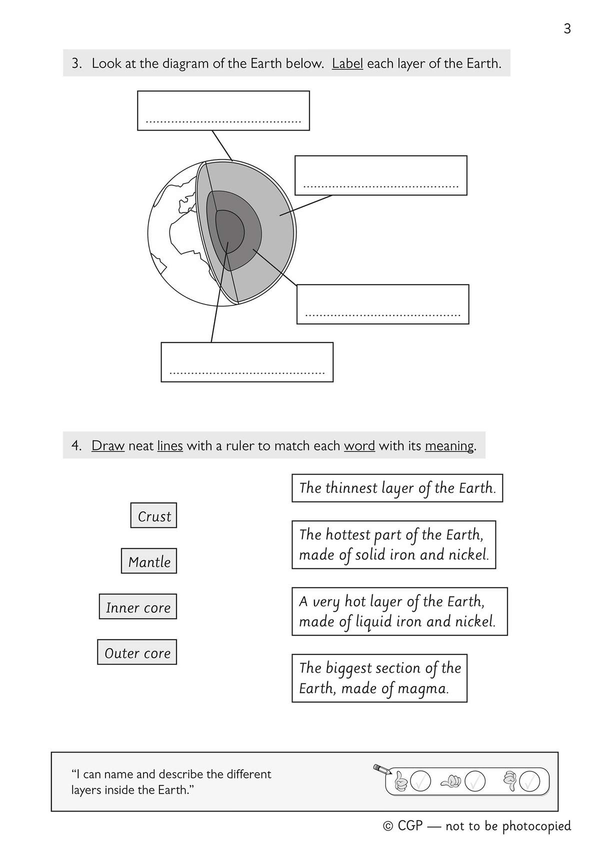 Children label a diagram of the Earth's layers and draw lines to match terms with their definitions