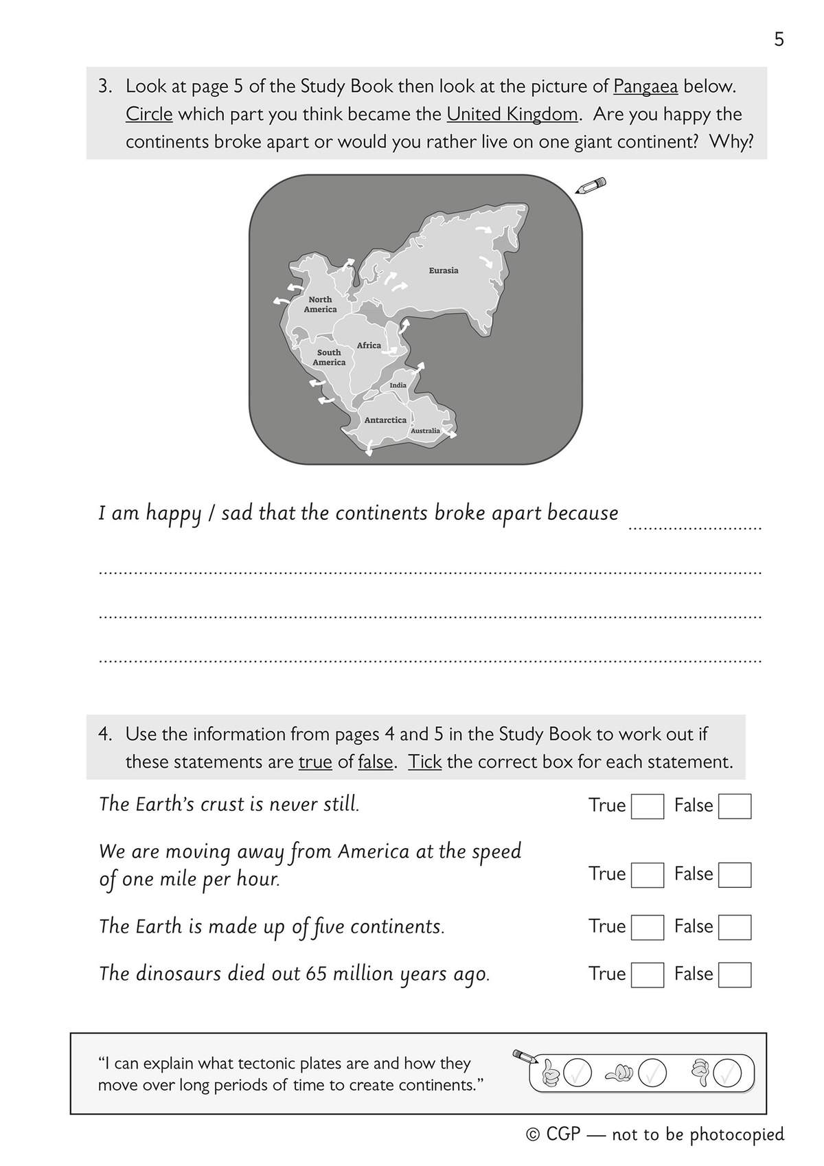 Children circle the UK on a map of Pangaea, write reasons for their feelings about continents breaking apart