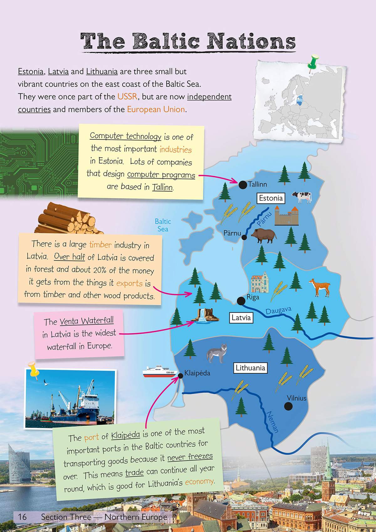 A colourful map of Estonia, Latvia and Lithuania with text boxes explaining their industries, exports and key cities