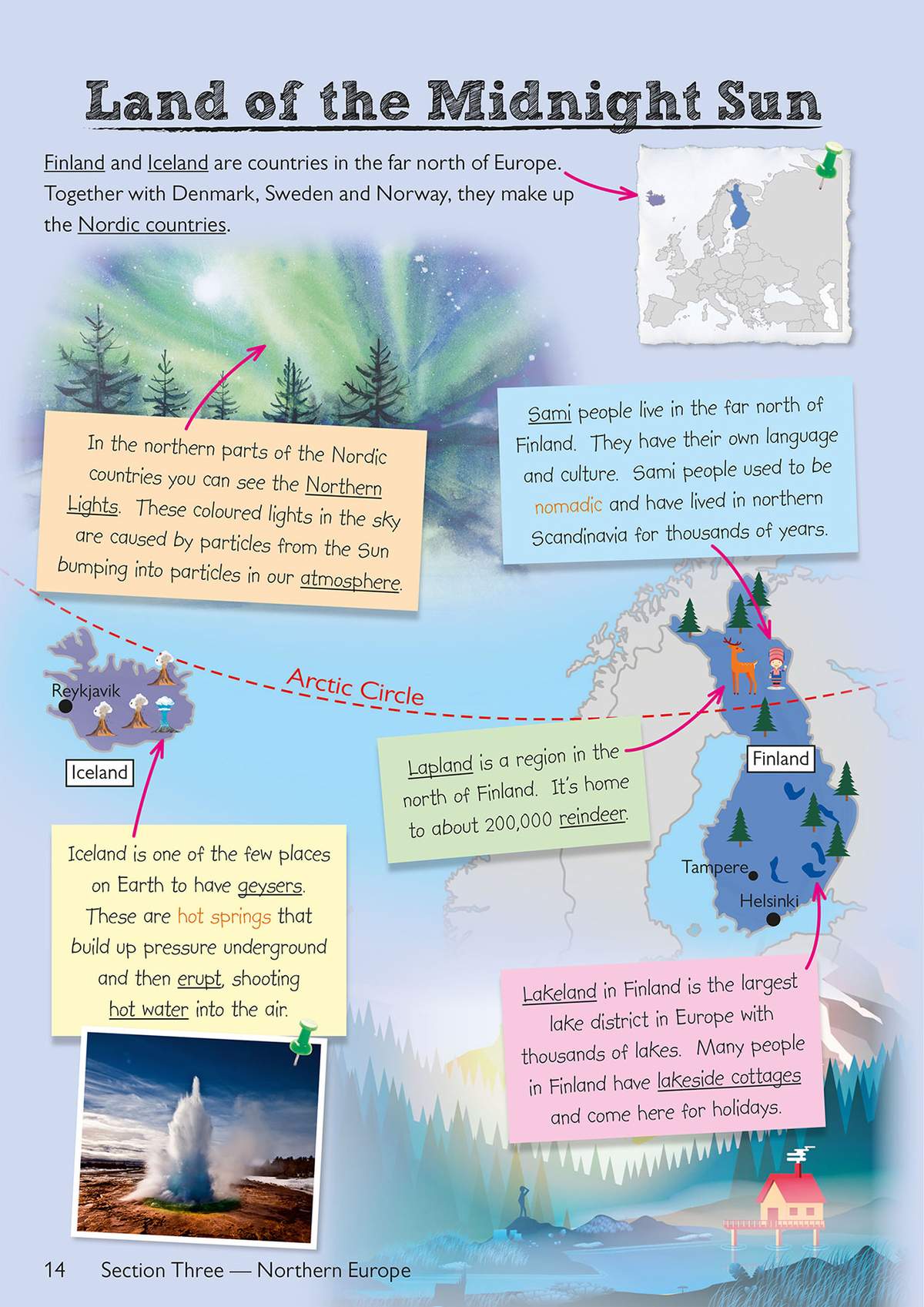 A colourful map of Northern Europe explains the Arctic Circle, the Northern Lights