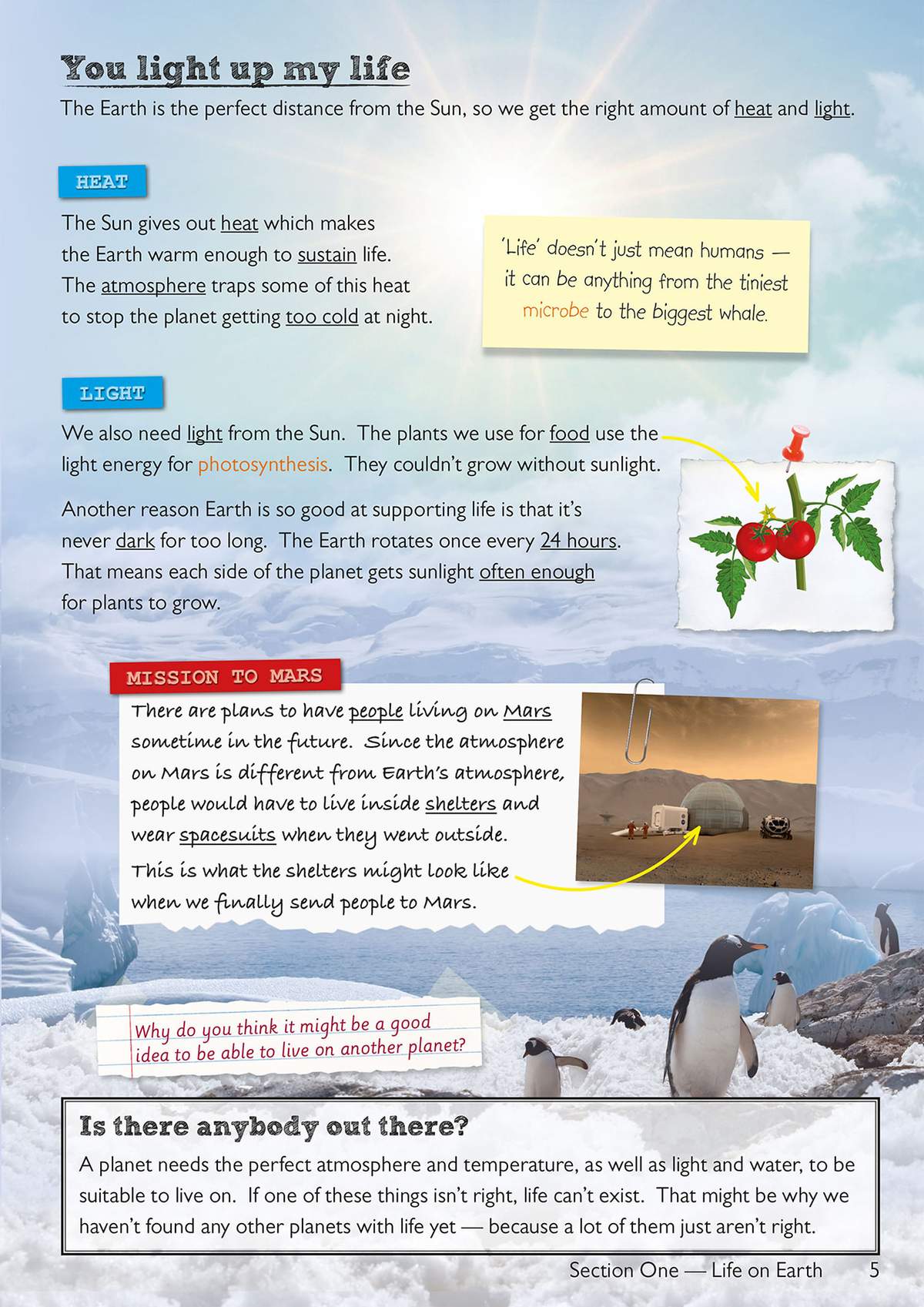 A colourful page explaining how the Sun's heat and light sustain life on Earth, with a look at Mars