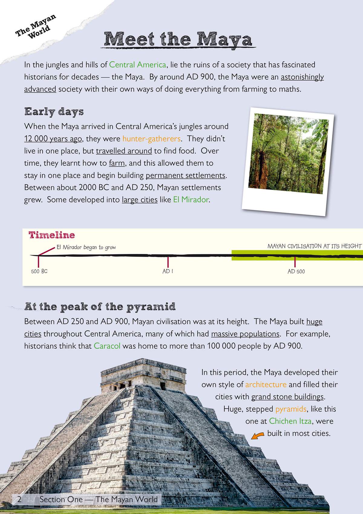 A text explains the early days and peak of the Maya, supported by a timeline and photos of a jungle and pyramid