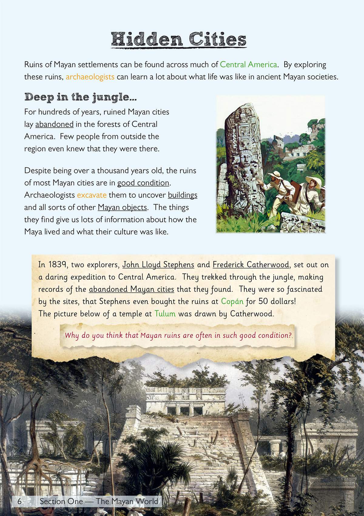 A text about Mayan ruins and explorers, with a short question to check understanding