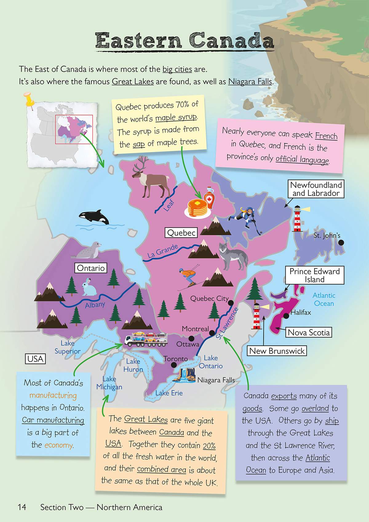 A colourful map of Eastern Canada with text boxes explaining cities, lakes, and exports