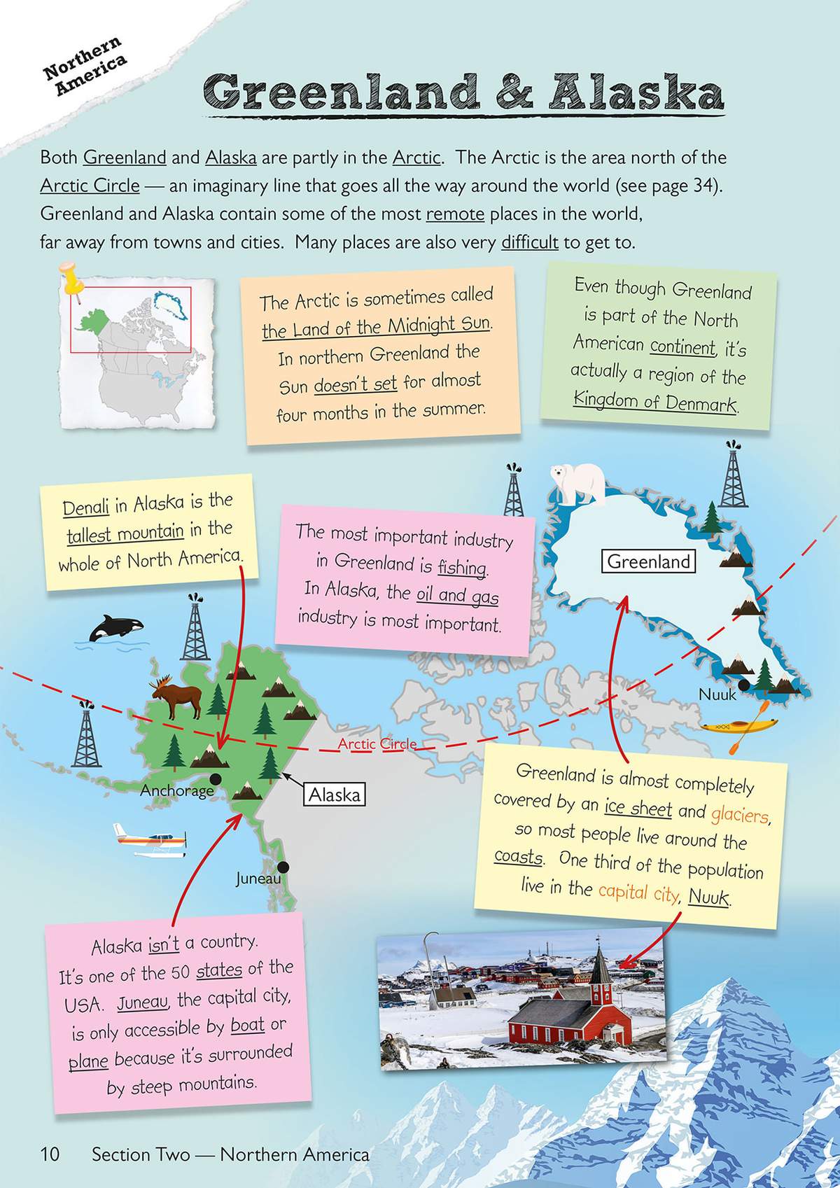 A colourful map explains the geography of Greenland and Alaska, including their location, industries and capitals
