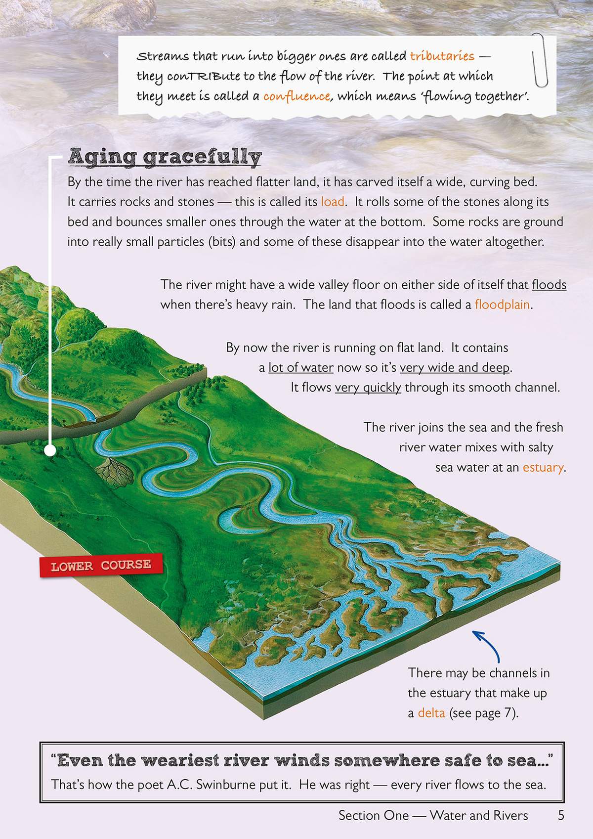 A full-colour diagram explains how a river changes as it reaches the sea, defining key terms like floodplain and estuary