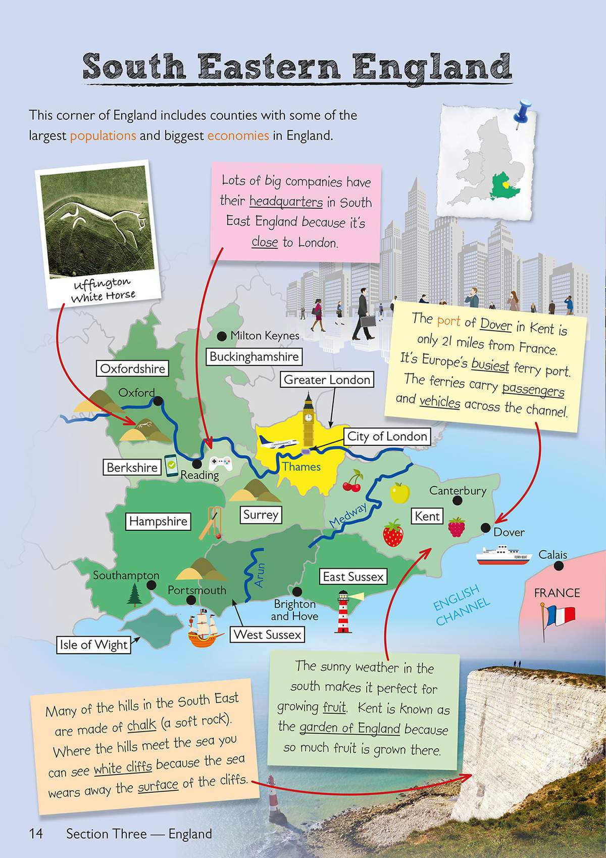 A colourful map of South Eastern England with facts about counties, landmarks, and the English Channel