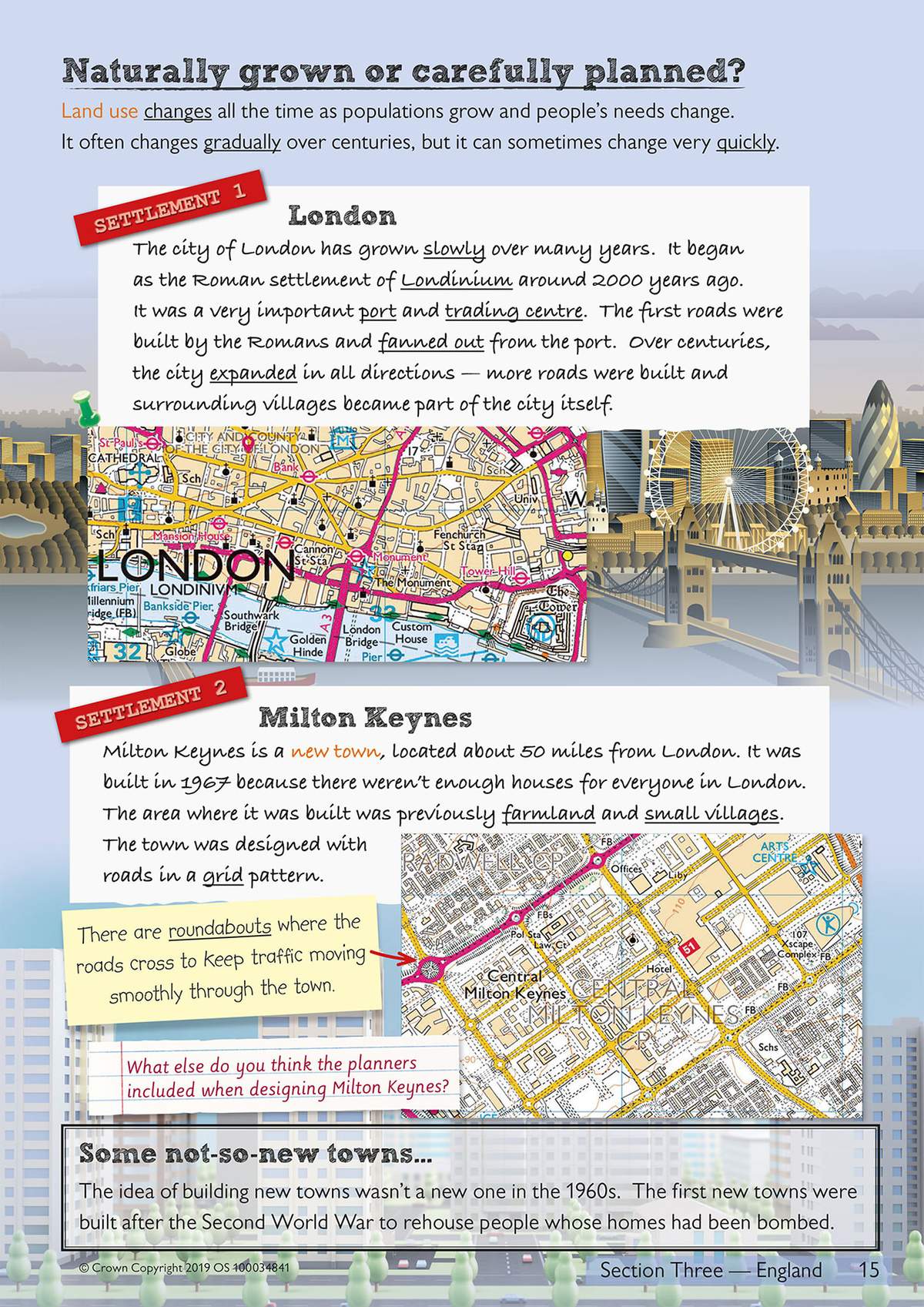 A colourful page explains how London grew naturally while Milton Keynes was planned