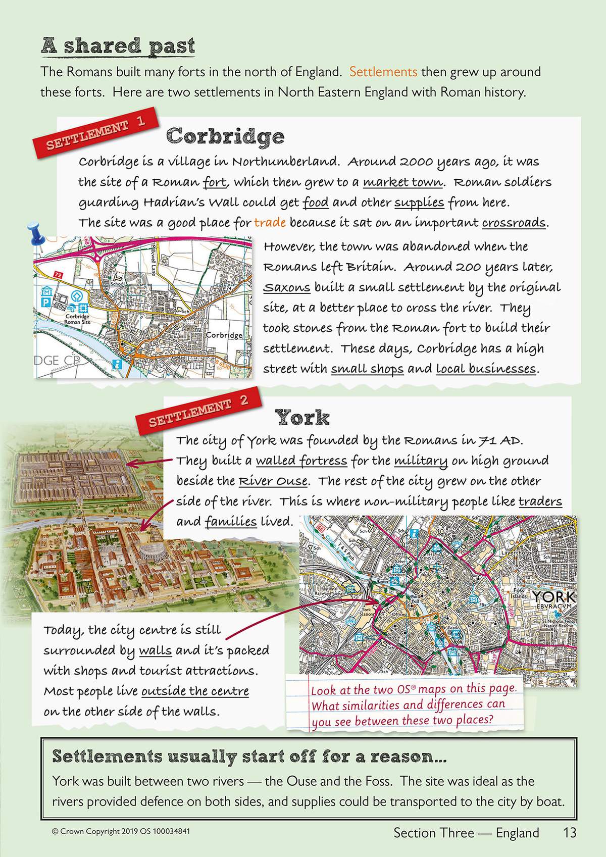 Text explains Roman forts in Corbridge and York, with maps to compare the two places
