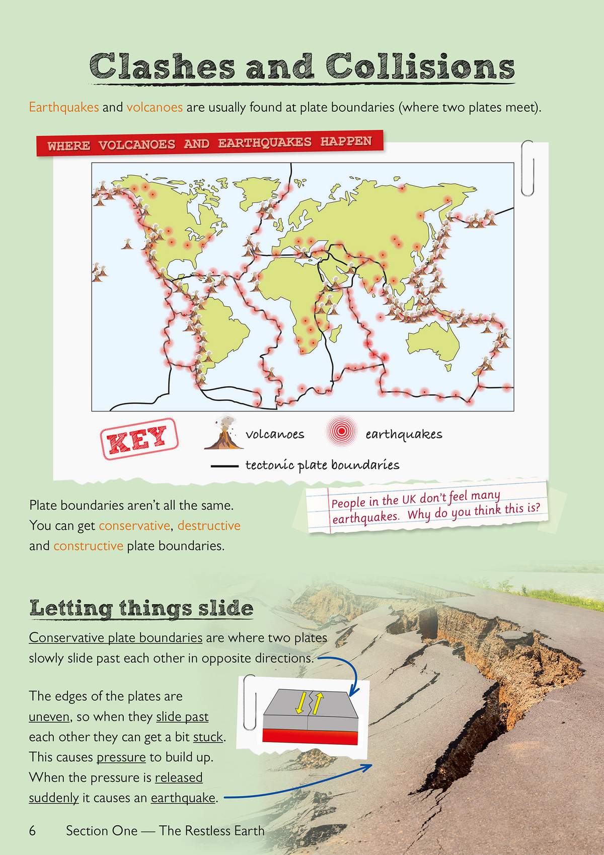 A page explaining plate boundaries with a world map and a short question about UK earthquakes