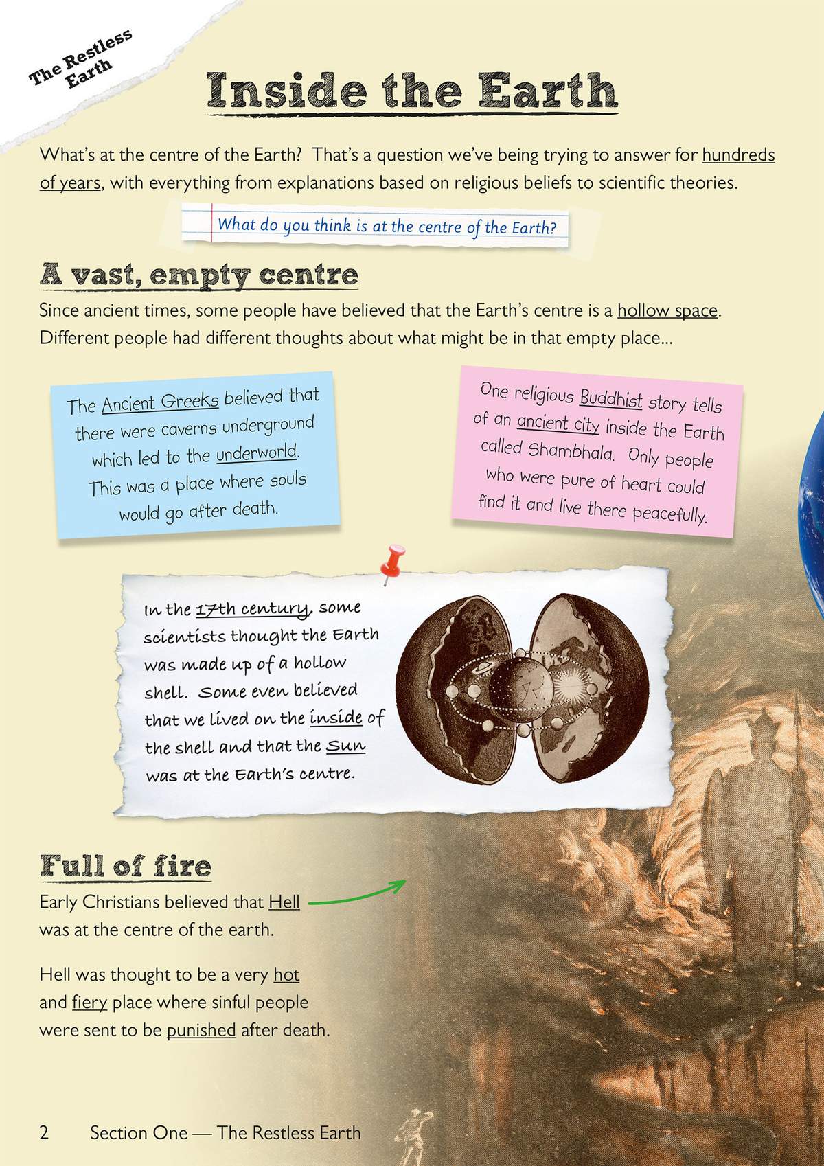 A page explaining ancient theories about the Earth's centre, including religious beliefs and 17th-century scientific ideas