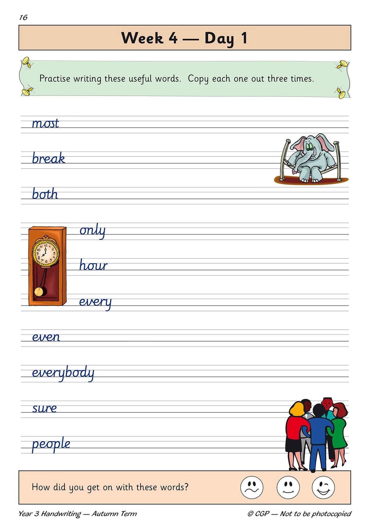 Children copy ten useful words three times each on lined paper, with a self-assessment smiley face at the bottom