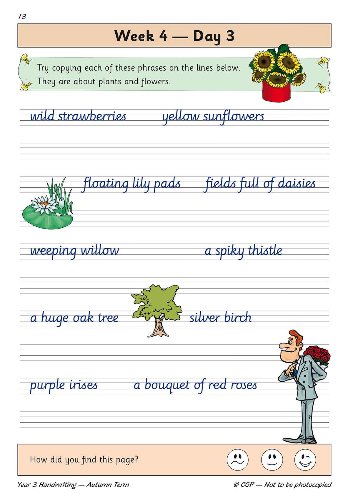 Children copy six phrases about plants and flowers onto lined paper, then tick a face to rate how they found the page